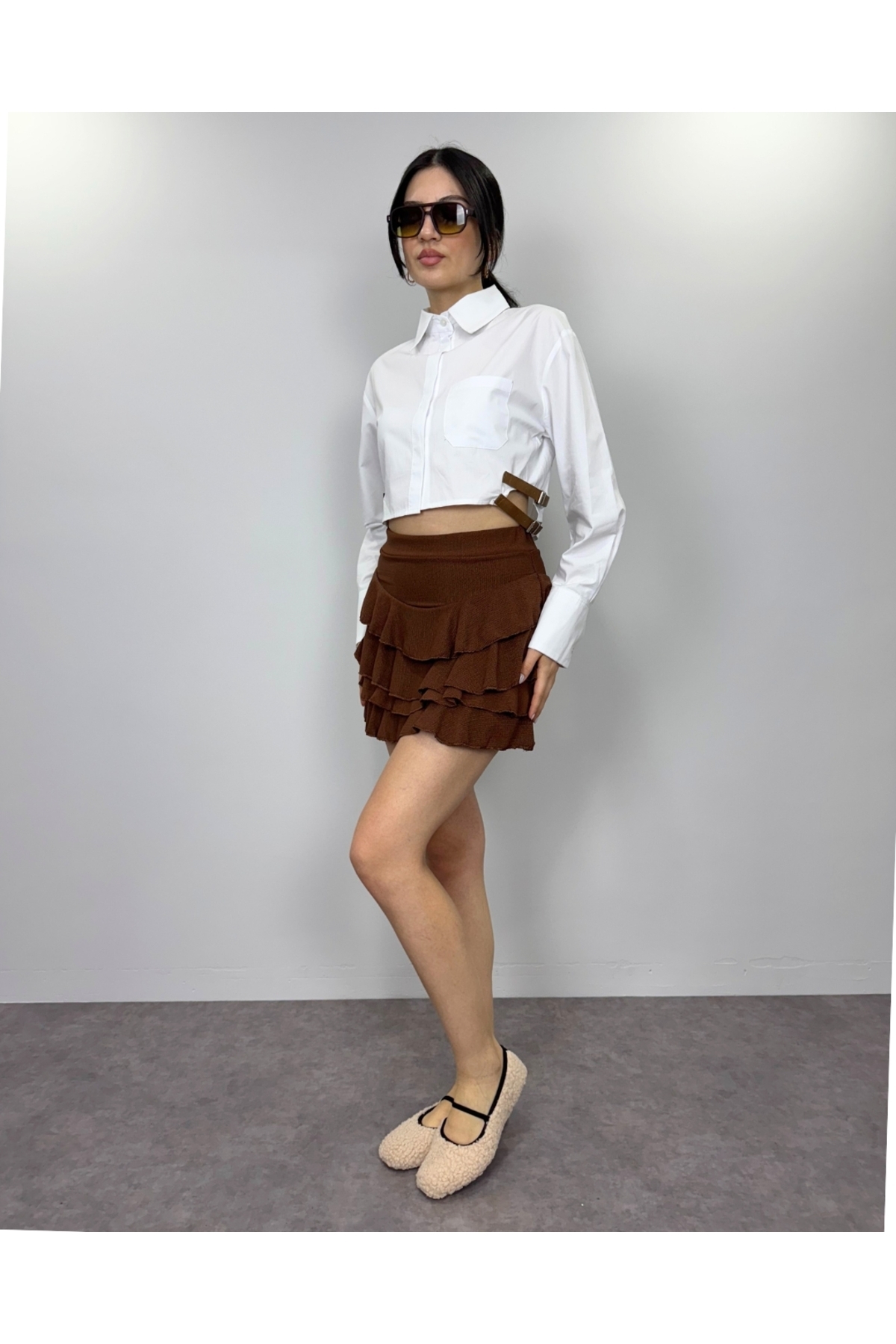 Kadın Beyaz Poplin Kemer Detaylı Crop Gömlek