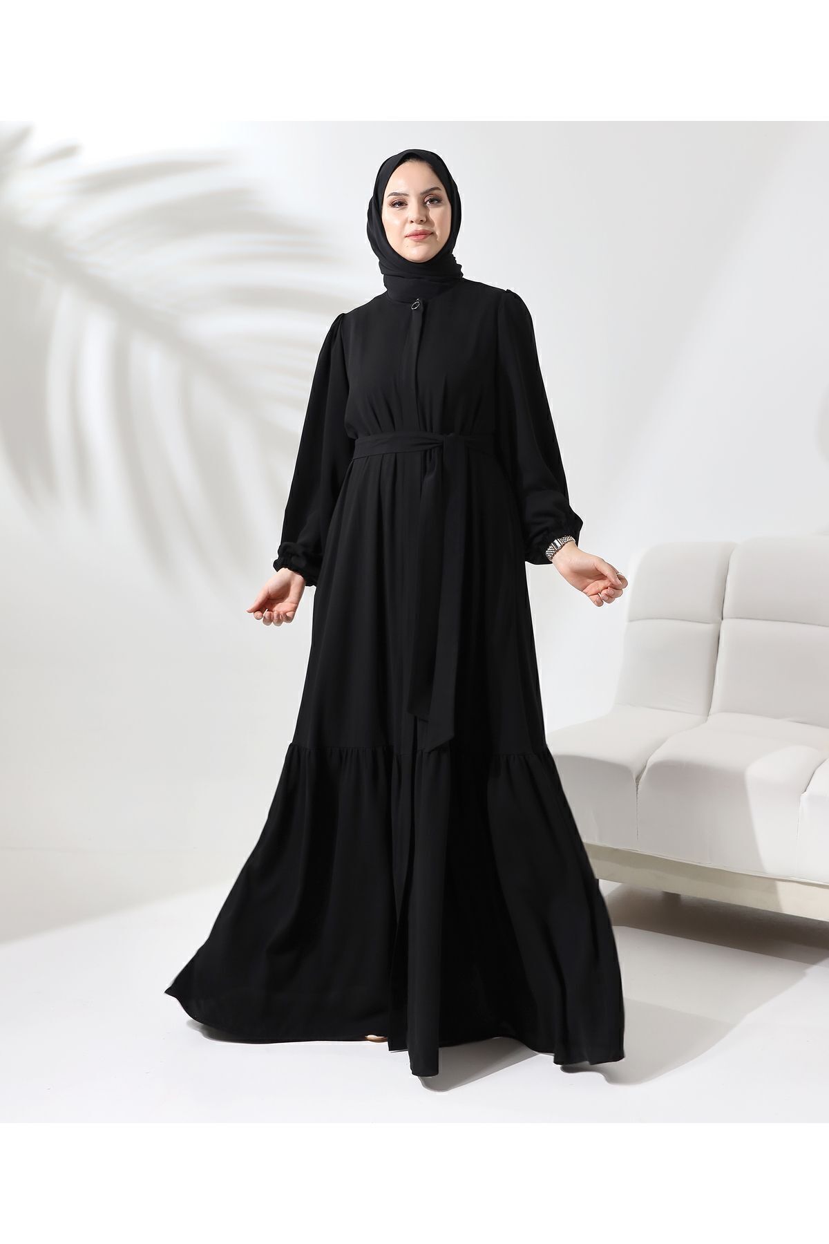 Balloon Sleeve Cuff Elastic Skirt Frilly Pancake Love Abaya Black