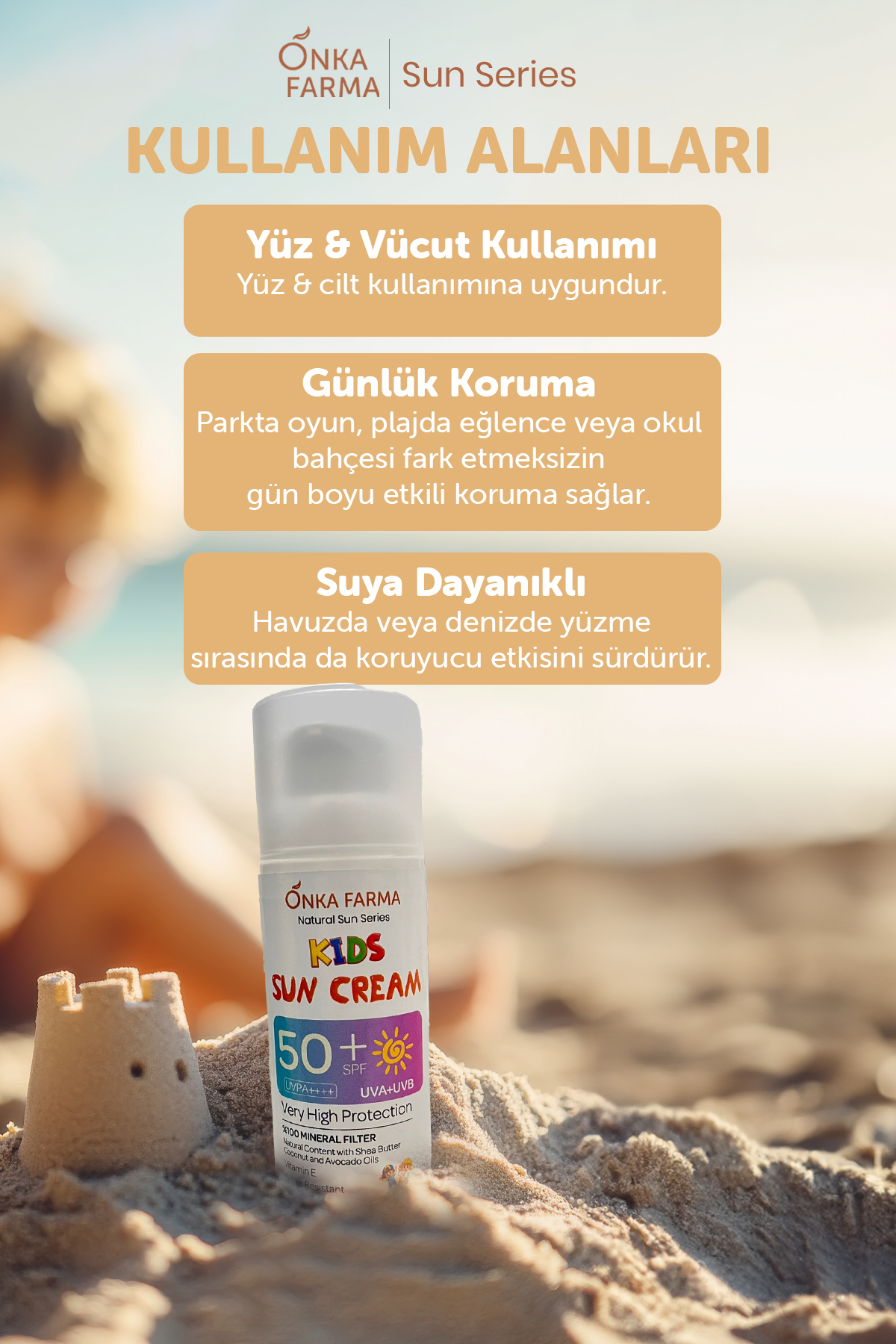 OnkaFarma Onka Farma Doğal Çocuk Güneş Kremi 50+ SPF Faktör - 2 Yaş Üzeri Kullanım - Dermotolojik Testli fotoğrafı 3 (önizleme)