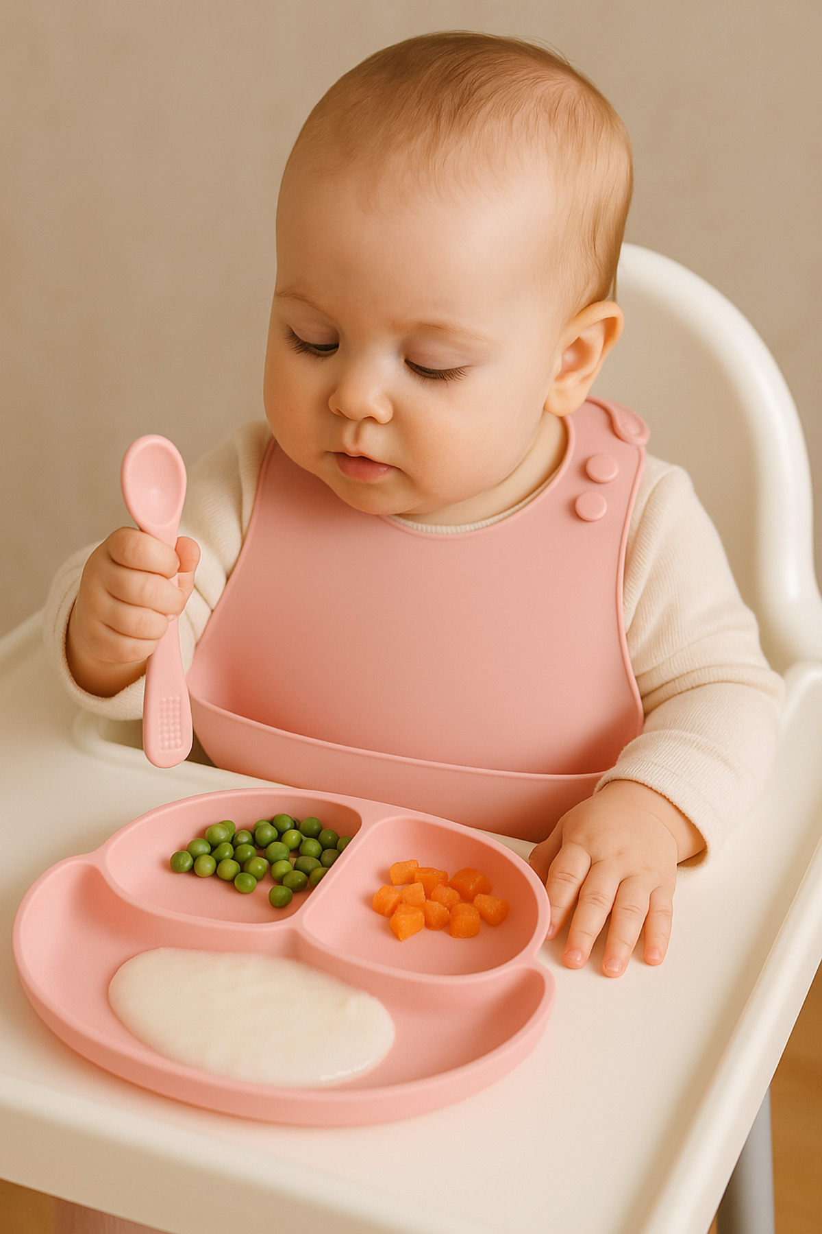 CKM silikon 3lü Silikon Bebek Beslenme Seti- vakumlu tabak kaşık ve mama önlük set fotoğrafı 2 (önizleme)