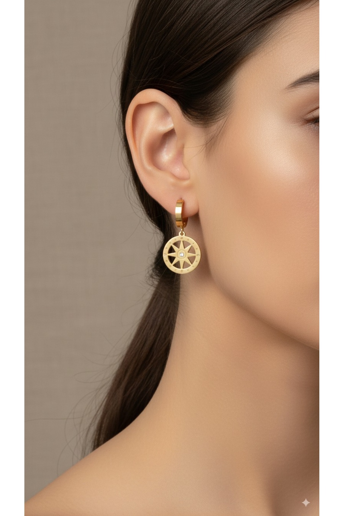 Gold Renk Pusula Desenli Çelik 14 Ayar Altın Kaplama Küpe 