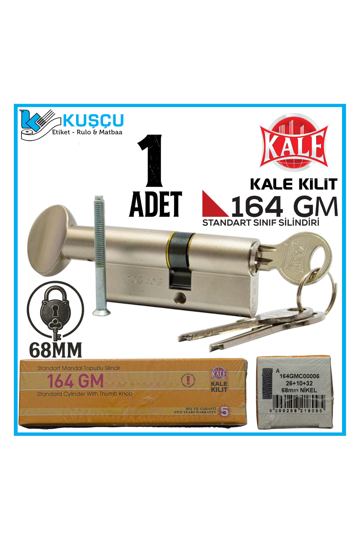 Kale Kilit 164 GM 68 MM Nikel Standart Mandal Topuzlu Silindir Barel