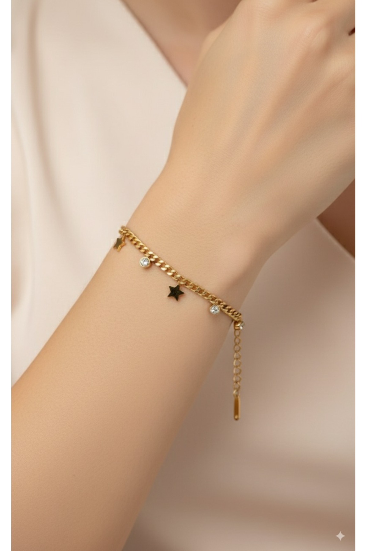 Yıldız Desenli 14 Ayar Altın Kaplama Zirkon Taşlı Zincir 316l Çelik Bileklik Garanti Belgeli