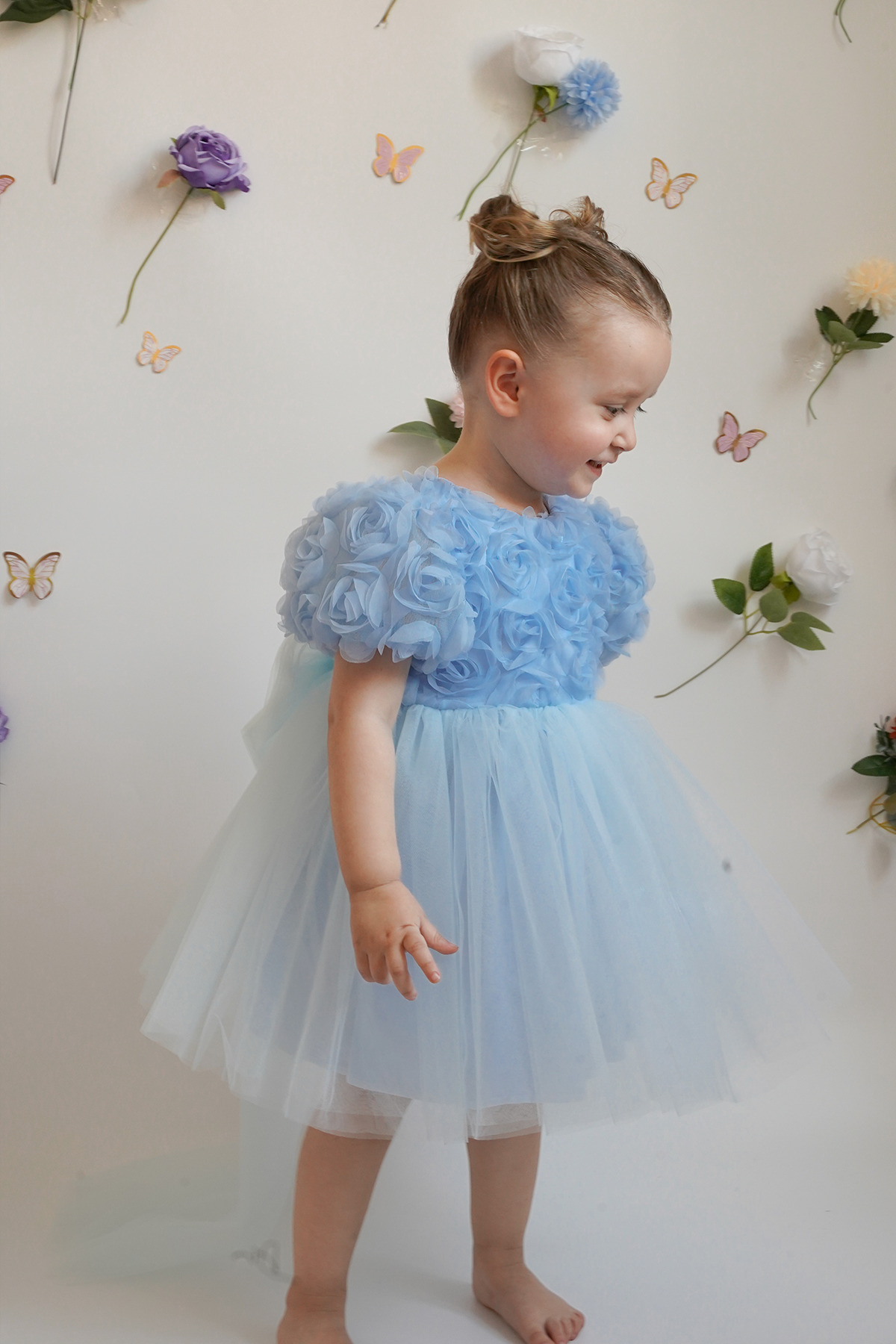 ALYRA Kız Bebek Elbise Kısa Kollu Fiyonklu Güllü Doğum Günü Parti Düğün Özel Gün Abiye Kız Çocuk Elbise fotoğrafı 7 (önizleme)