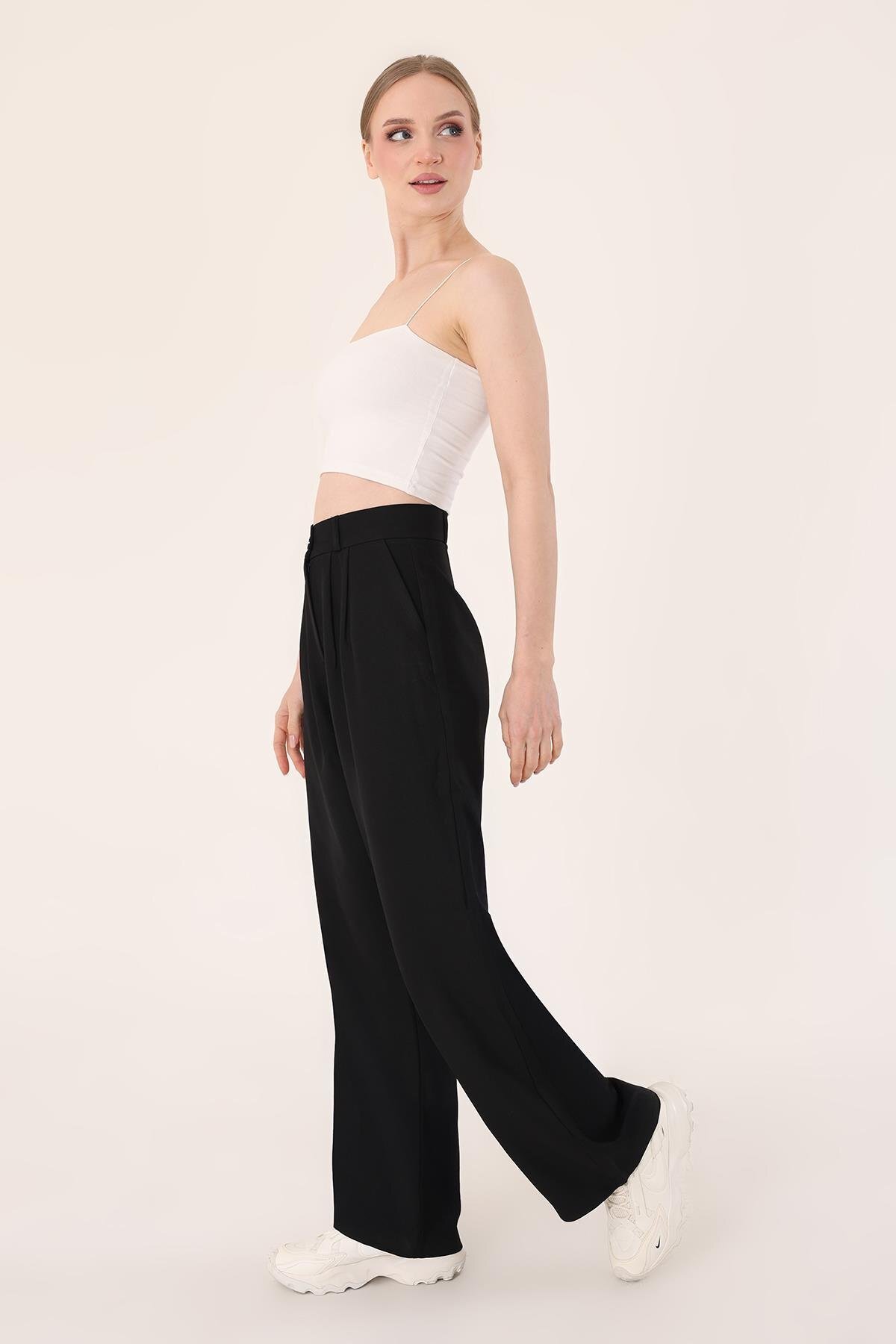 Hazel  Kadın Siyah Yüksek Bel Keten Palazzo Pantolon - Görsel 6