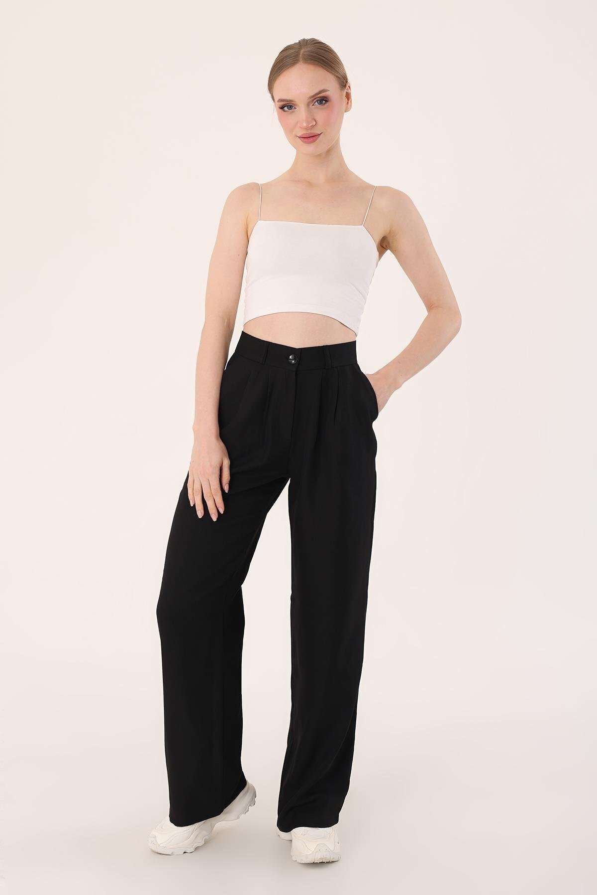 Hazel  Kadın Siyah Yüksek Bel Keten Palazzo Pantolon - Görsel 4