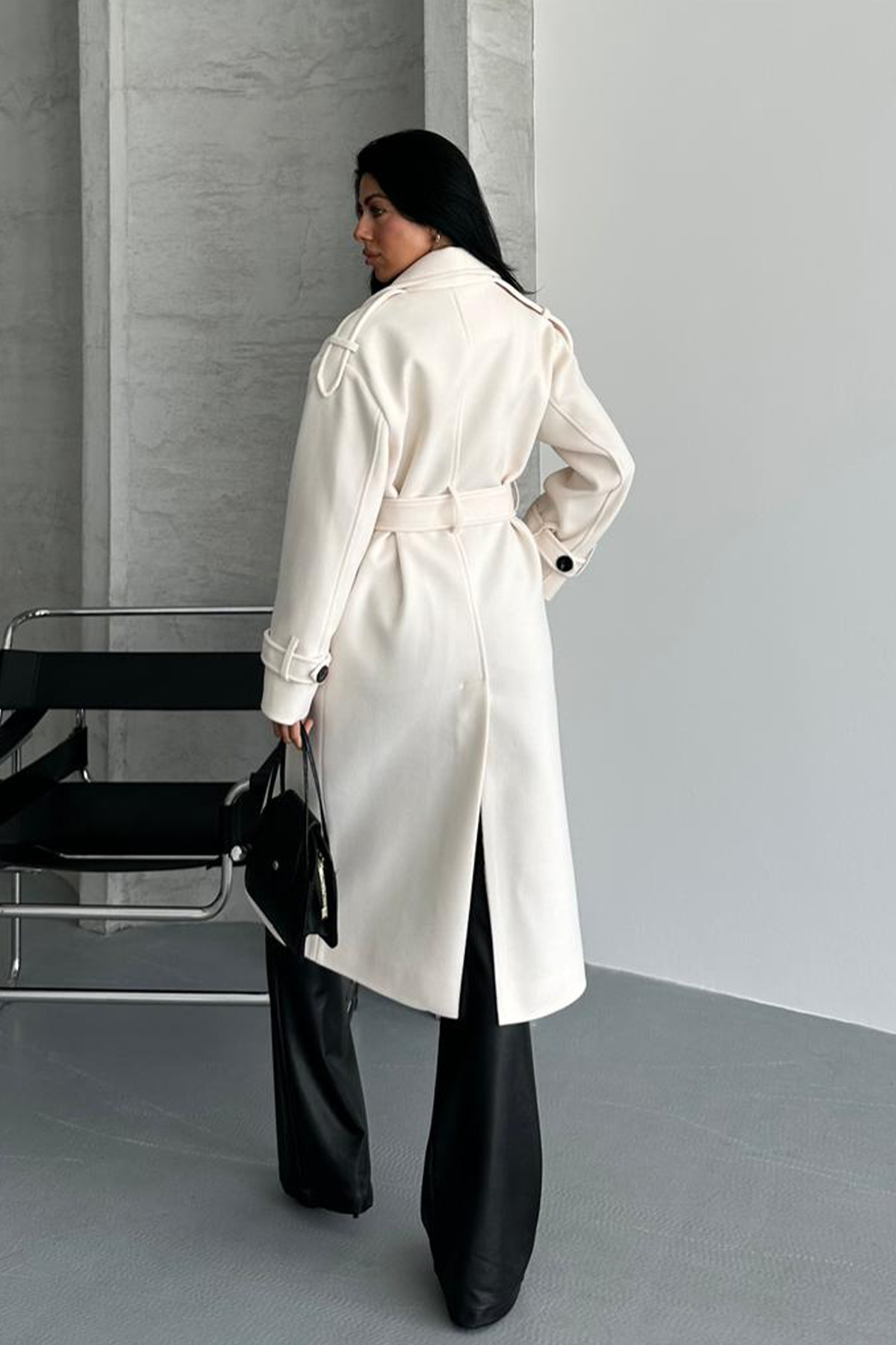 NET OF NOT  Laura Ekru Kuşaklı Yeni Sezon Astarlı Premium Kalite Rahat Kalıp Kadın Kaşe Kaban Mont - Görsel 5