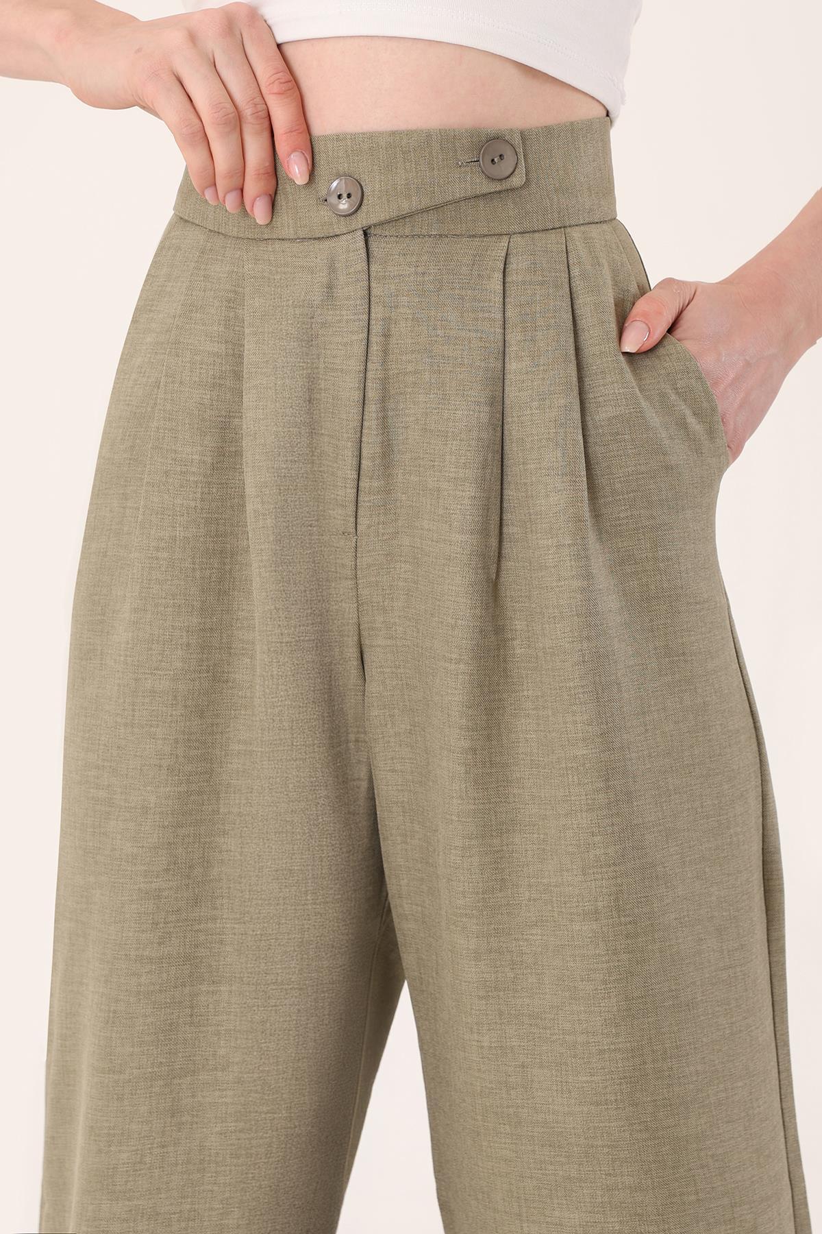 Hazel  Kadın Haki Keten Karışımlı Kore Model Palazzo Pantolon