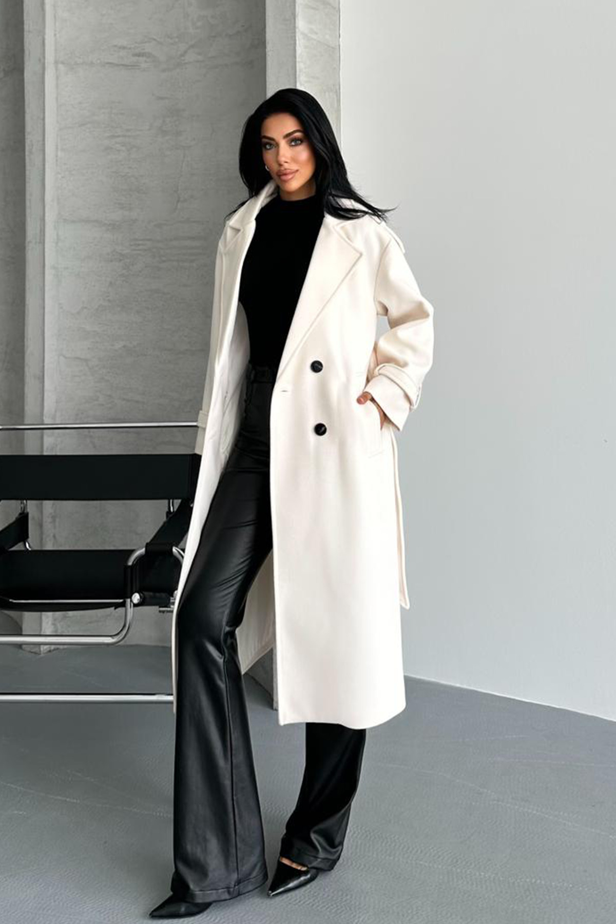 NET OF NOT  Laura Ekru Kuşaklı Yeni Sezon Astarlı Premium Kalite Rahat Kalıp Kadın Kaşe Kaban Mont - Görsel 3