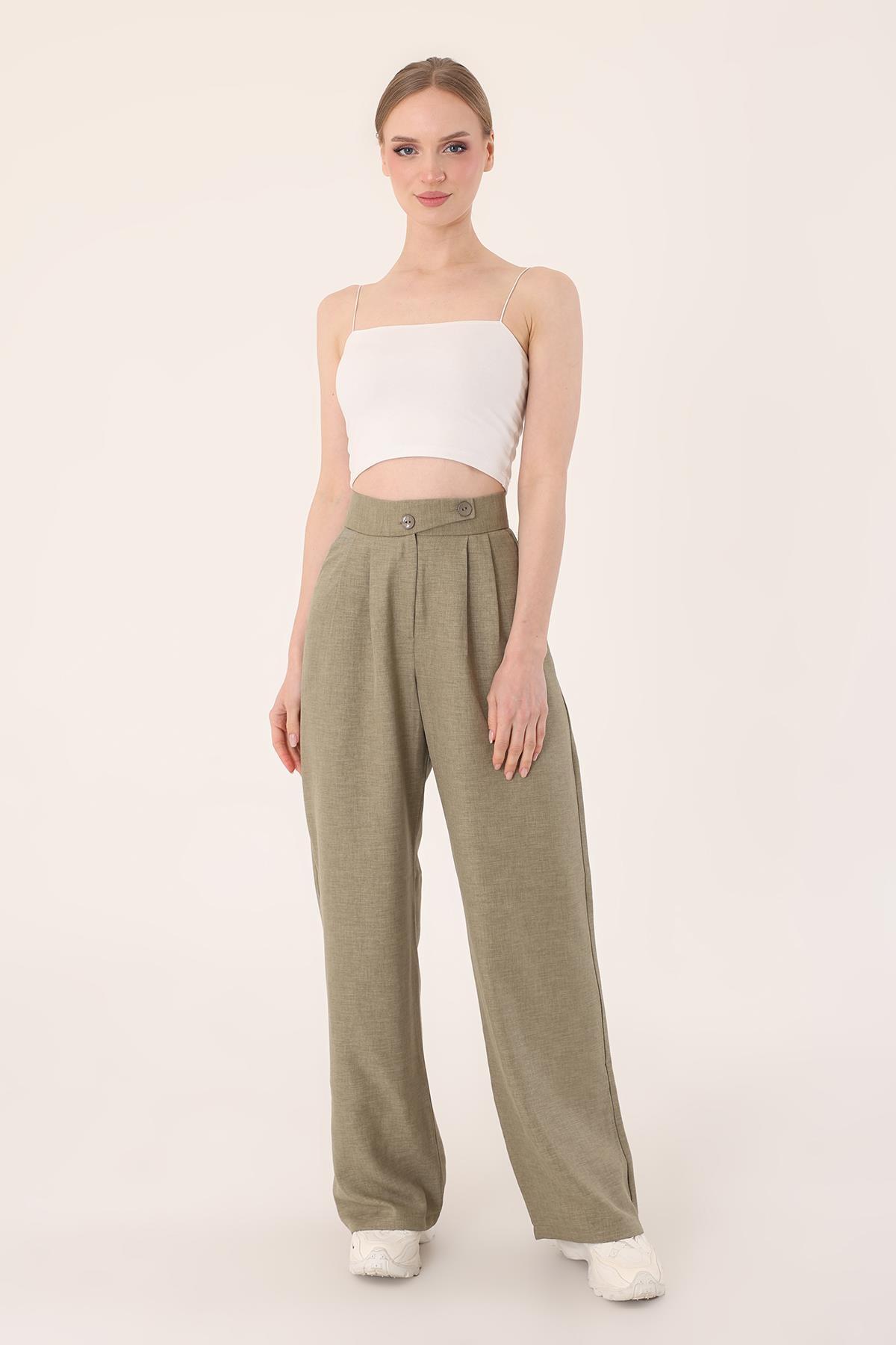 Hazel  Kadın Haki Keten Karışımlı Kore Model Palazzo Pantolon - Görsel 2