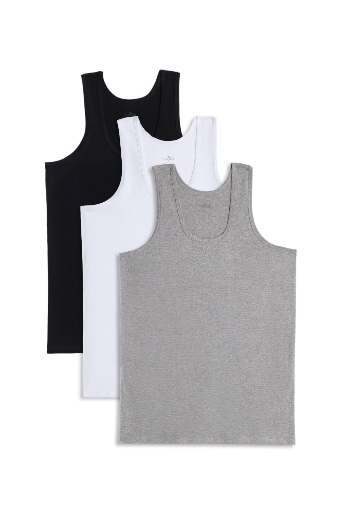 Tudors 3 Adet Compact Penye Siyah-Beyaz-Gri Erkek Atlet Pamuklu Standart Fit Normal Kesim 3'lü Paket