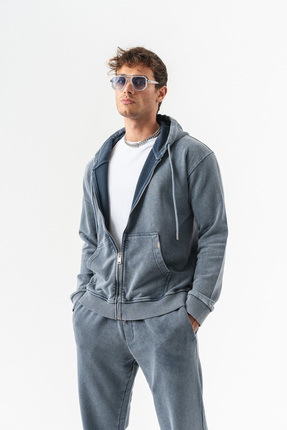 BORZ Unisex Lacivert Yıkamalı Fermuarlı Kapüşonlu %100 Pamuk Oversize Kalıp E...