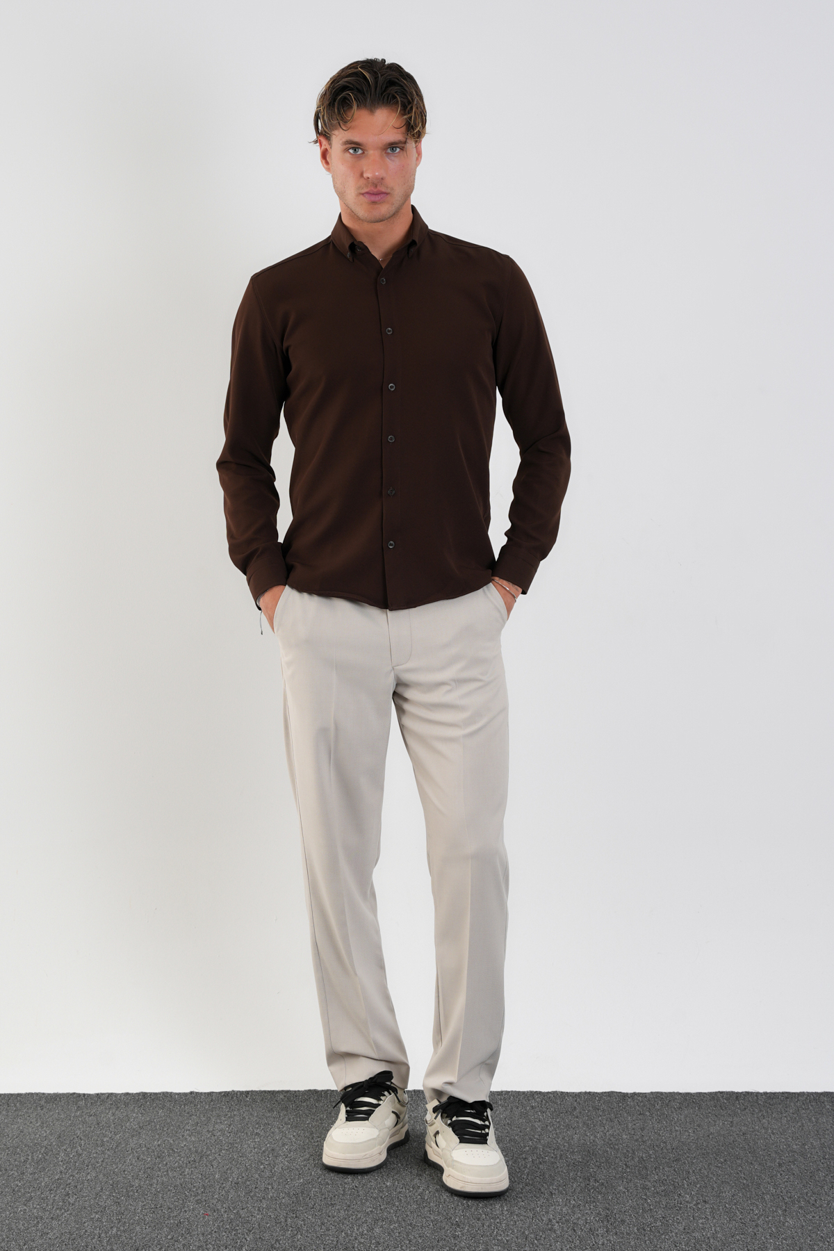 Redline  Flex Slim Fit Yumuşak Kolay Ütü Nefes Alan Erkek Gömlek Kahverengi - Görsel 4