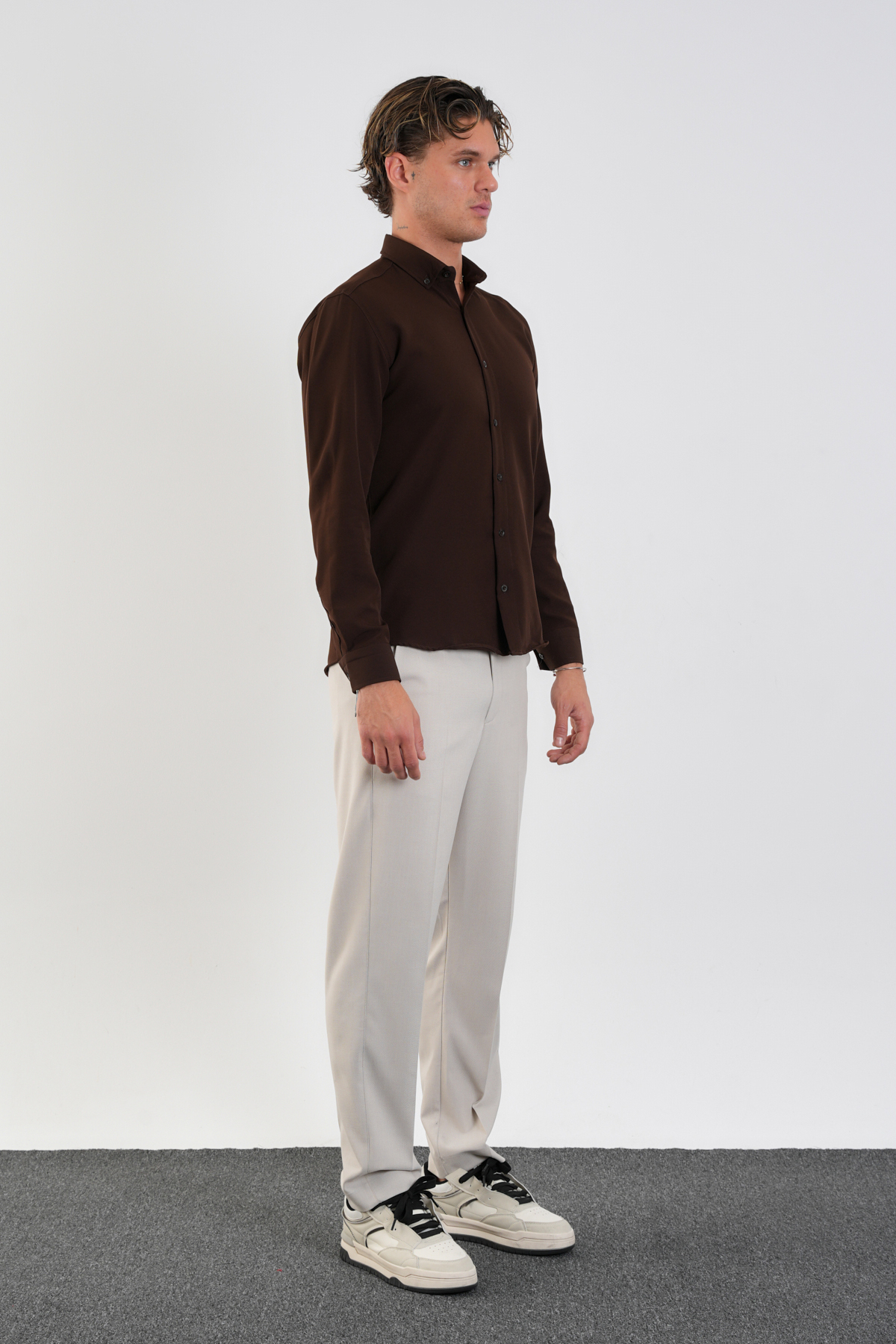 Redline  Flex Slim Fit Yumuşak Kolay Ütü Nefes Alan Erkek Gömlek Kahverengi - Görsel 6