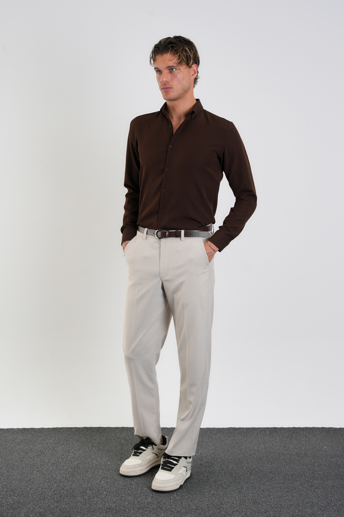 Redline  Flex Slim Fit Yumuşak Kolay Ütü Nefes Alan Erkek Gömlek Kahverengi - Görsel 5