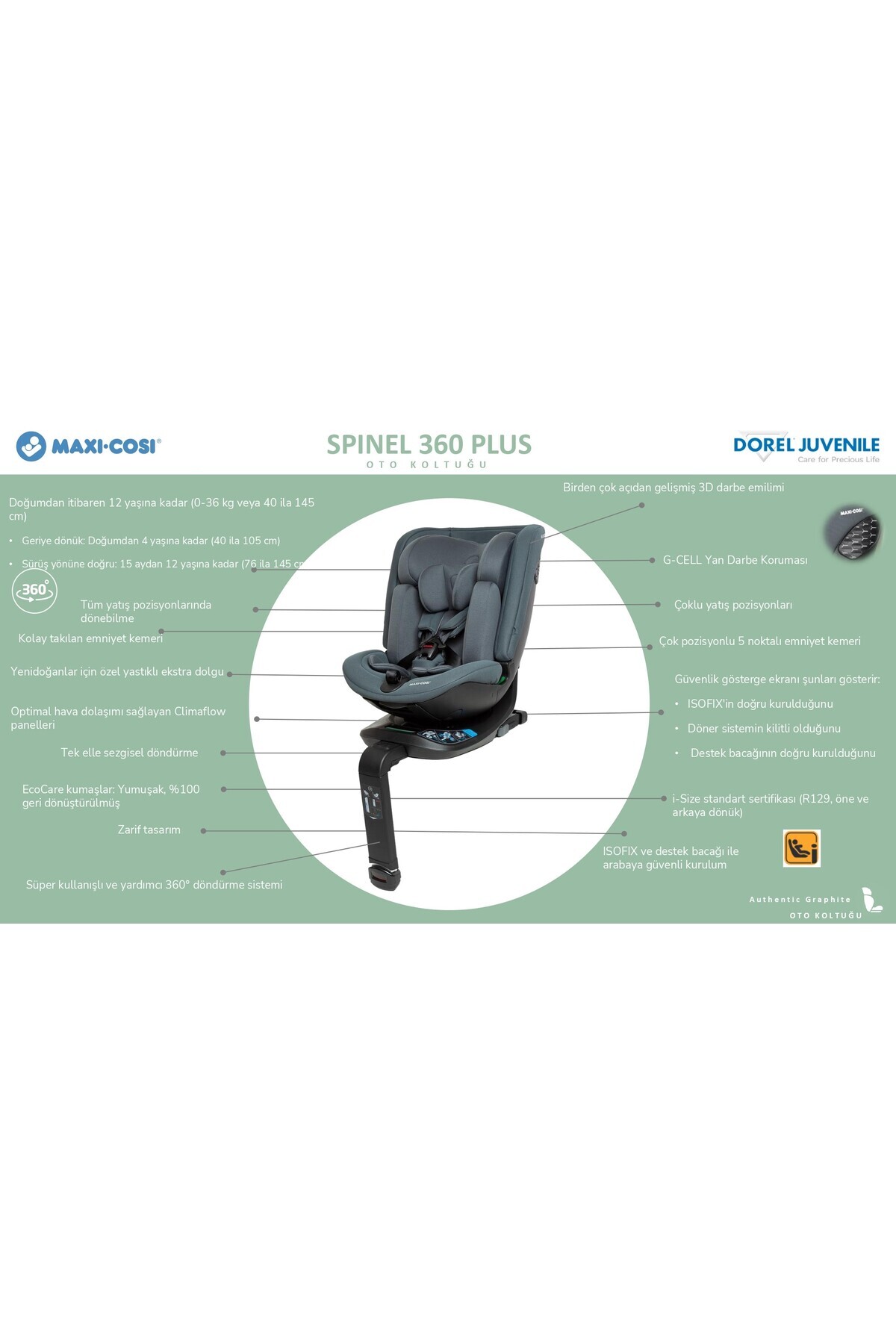 Maxi-Cosi Maxi-cosi Spinel 360 Plus I-size Dijital Göstergeli Isofix'li 0-36 Kg Oto koltuğu Authentic Black fotoğrafı 4 (önizleme)