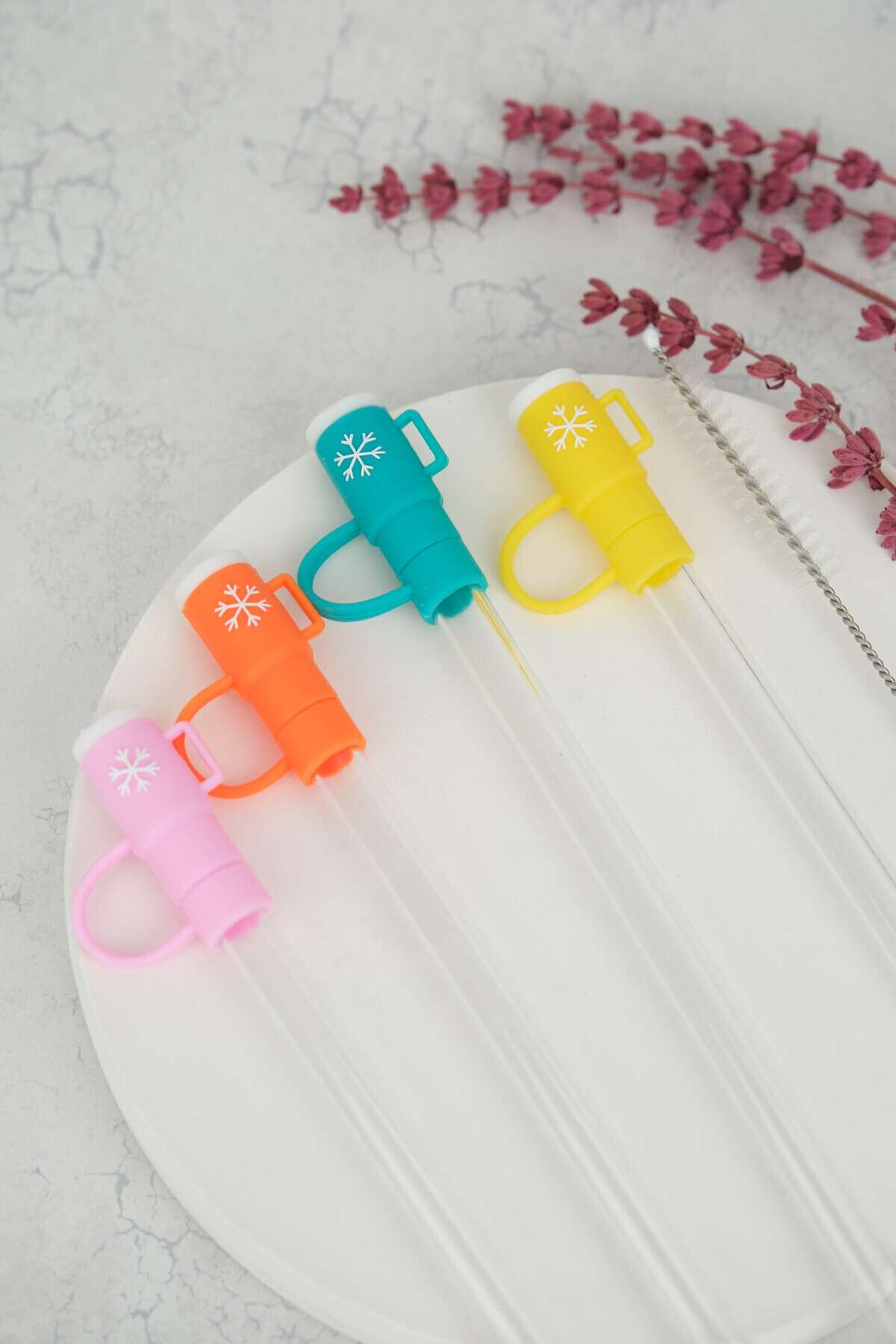 AYEM HOME 30 cm Cam Pipet Seti 4’lü – Termos Uyumlu, Renkli Kapaklı + Temizleme Fırçası