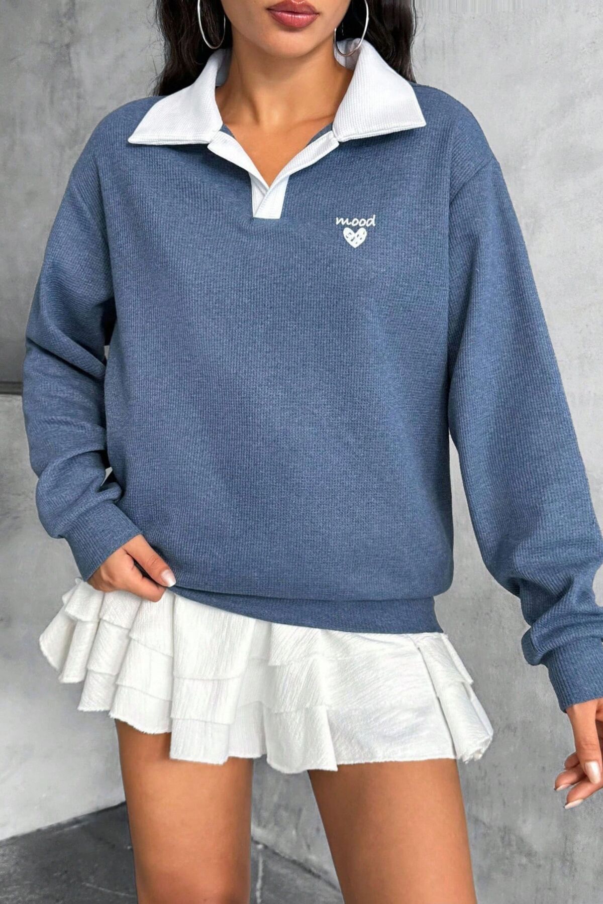 Mood Lab  Polo Yaka Kalp Nakış Detaylı Waffle Kumaş Mevsimlik Sweatshirt