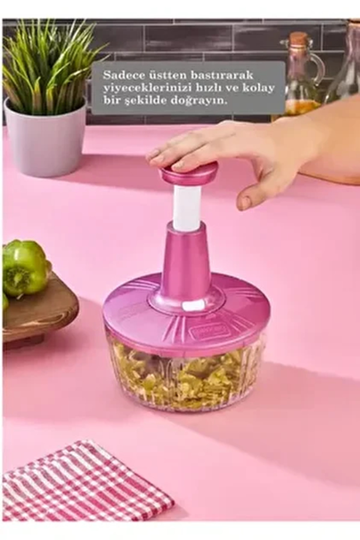 PDESİGN Solingen 3 Bıçaklı Paslanmaz Çelik Basmalı El Rondosu BasKes Manuel Sebze Meyve Doğrayıcı Pembe Renk
