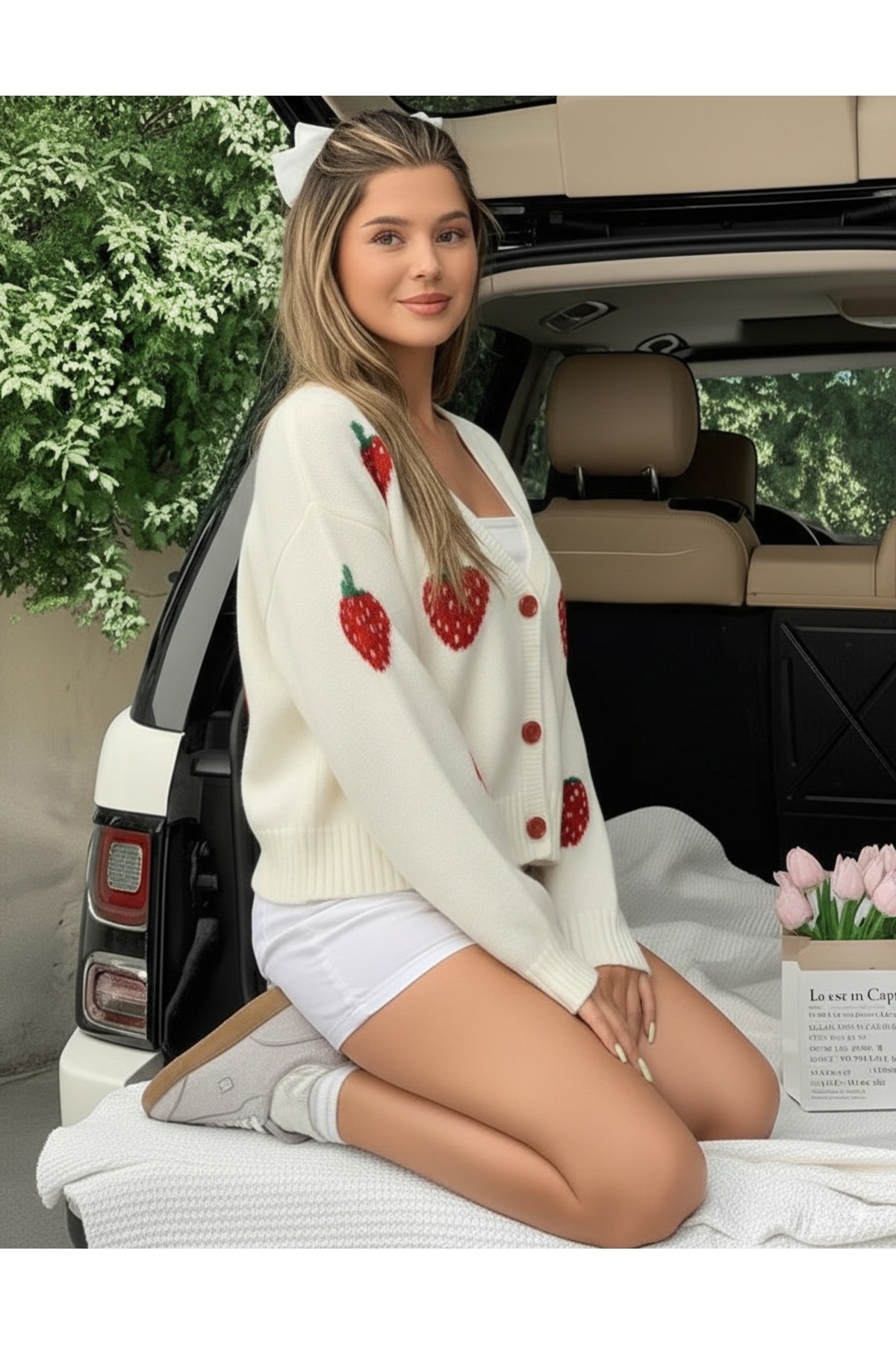 FLEX FASHION  Kadın TREND ÇİLEK DETAYLI POPÜLER YUMOŞ TRİKO HIRKA (EKRU) - Görsel 5