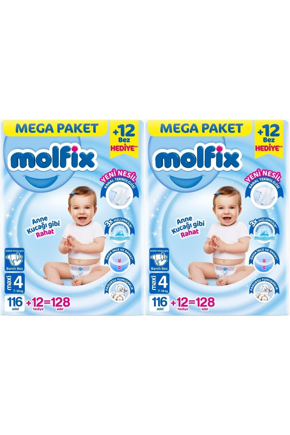 Molfix Bebek Bezi Beden:4 (7-14KG) Maxi 256 Adet Mega Ekonomik Fırsat Pk