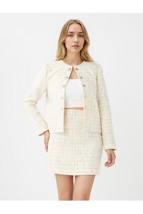 Jimmy Key Ekru Normal Bel Ekose Desenli Dokuma Mini Etek