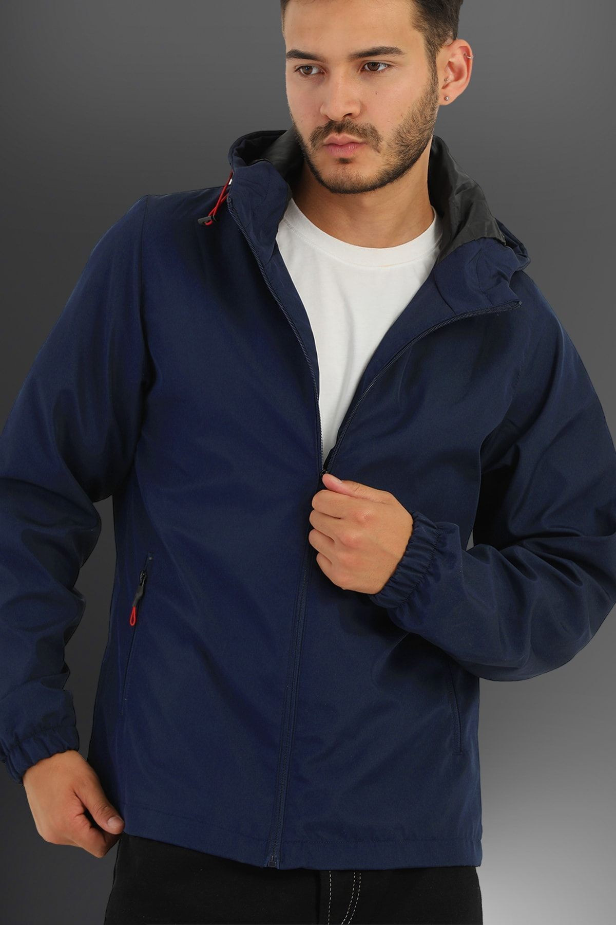 river green  Erkek Saks Içi Astarlı Suya Dayanıklı Kapüşonlu Cepli Yağmurluk - Rüzgarlık Ceket - Görsel 3