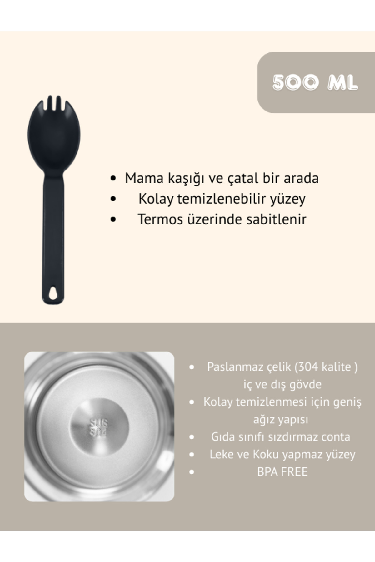 Star Termos Yemek & Mama Termosu 500 ml - Krem | 8 Saat Sıcak, 12 Saat Soğuk 48 Saat Buz Tutma fotoğrafı 5 (önizleme)