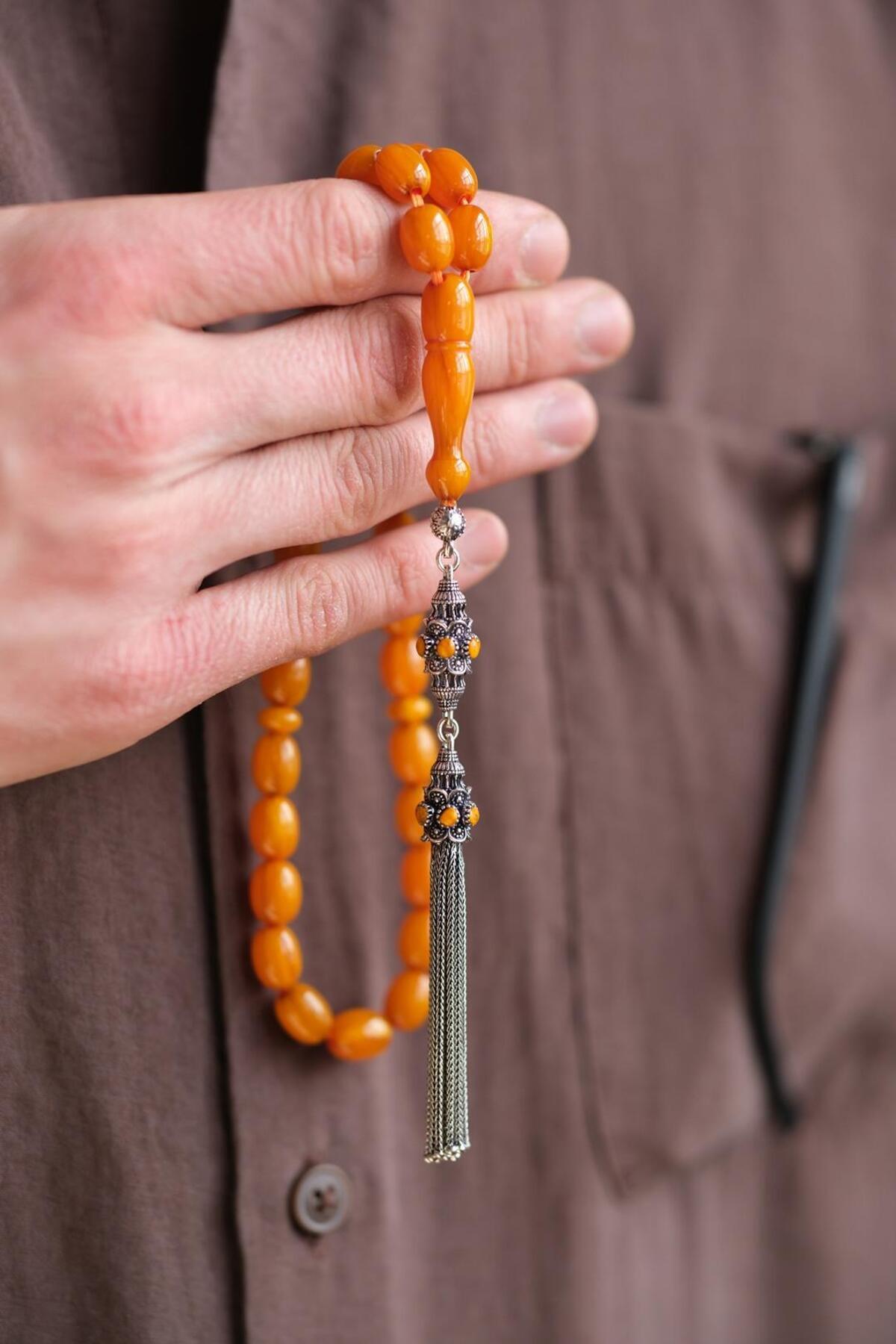 Legendary Dough Squeezing Amber Silver Design Rosary