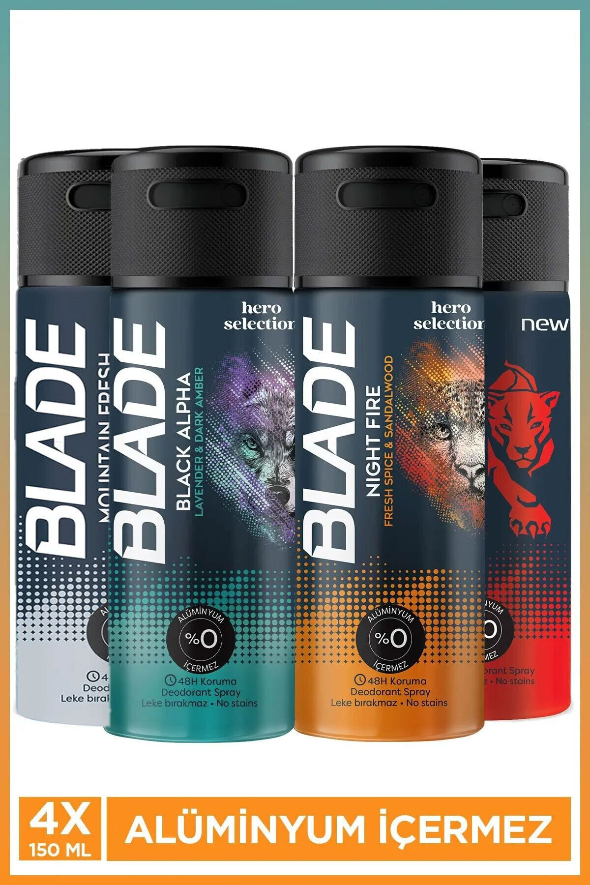 Blade Erkek Deodorant Seti 4x150 Ml (Black Alpha,Night Fire,Self Confidence,Mountain Fresh) Leke Bırakmaz