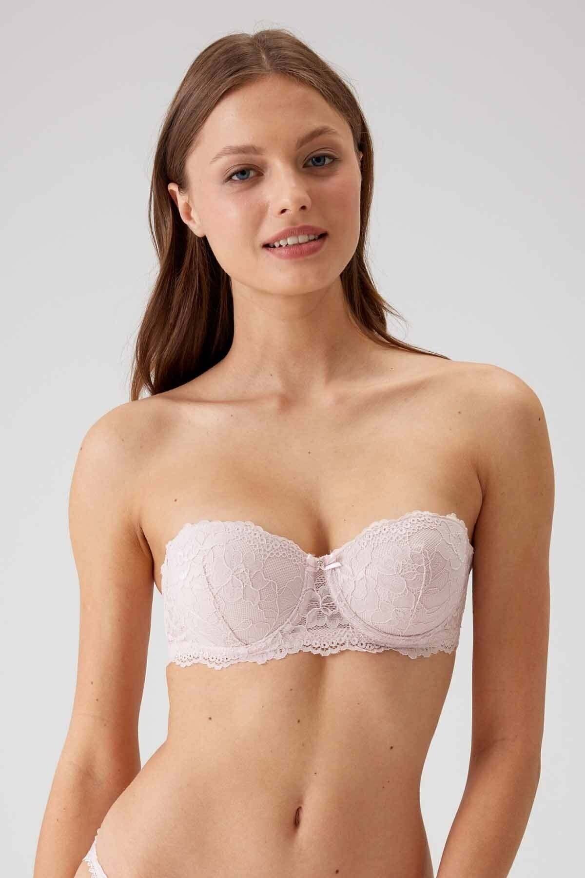 Pierre Cardin 2'li Ekonomik Paket Pudra-siyah 6203-2 Pisa Balenli Destekli Straplez Dantelli Sütyen Set görsel 2
