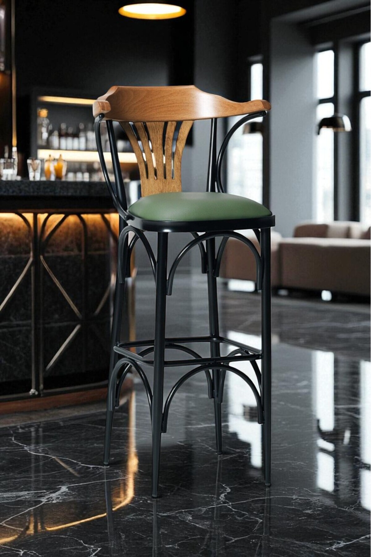 fursimo Denge Serisi 1 Adet 75 Cm Yeşil Ada Mutfak Bar Sandalyesi Suni Deri Siyah Metal Ayaklı