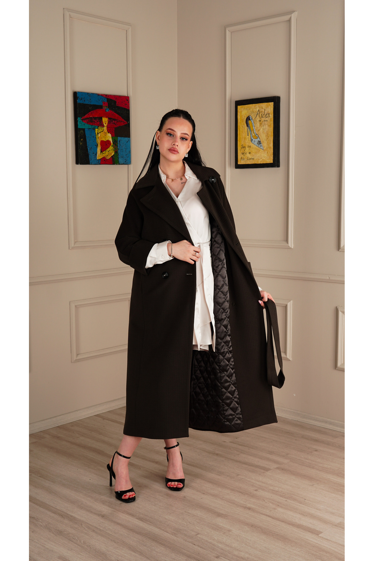 KENT Uzun Slim Fit Kaşe Yeşil Kaban Kuşaklı Çift Yaka Detaylı görsel 4