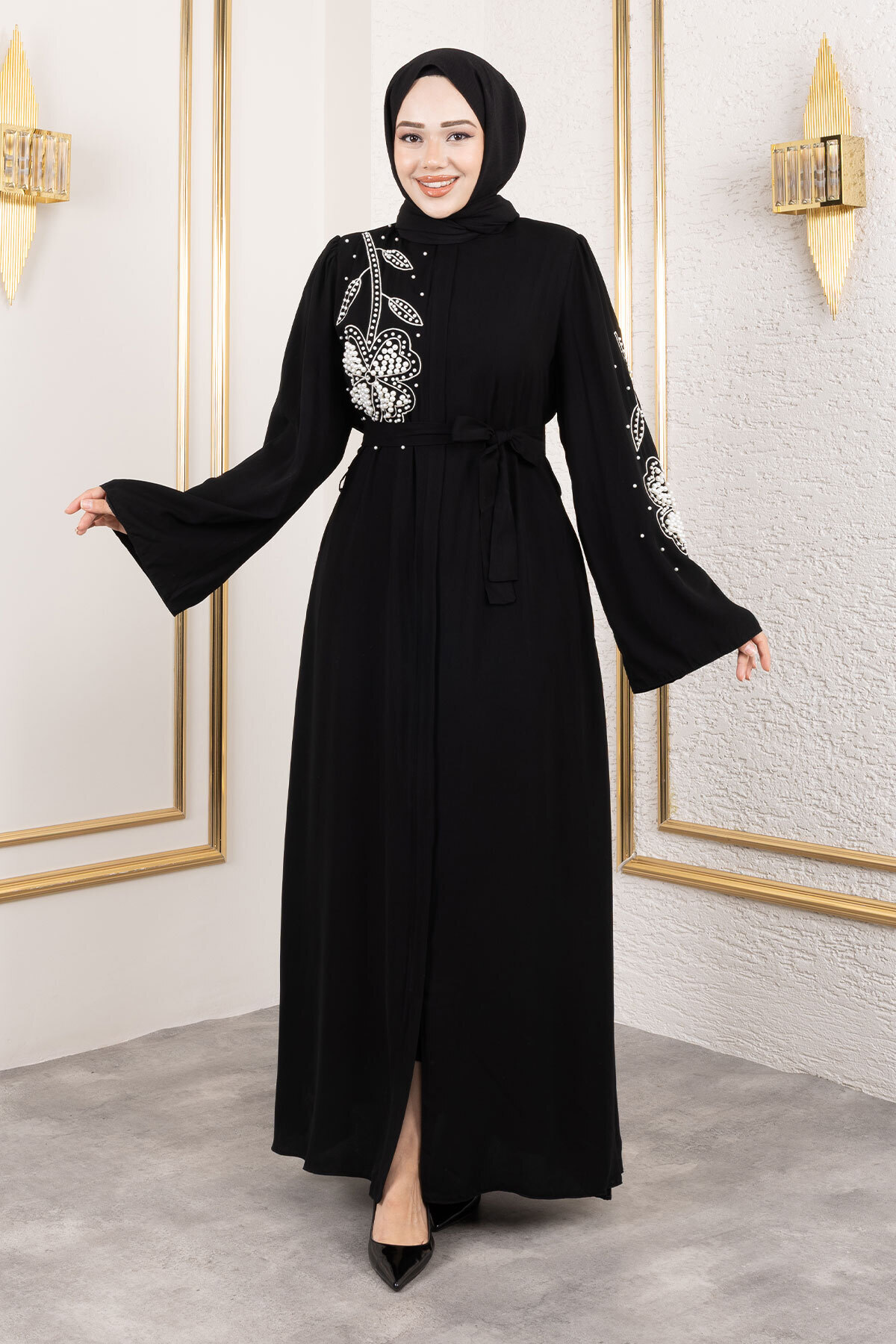 Tesettür Dünyası Papatya Desenli Boncuk İşlemeli Tesettür Ferace TSD240314