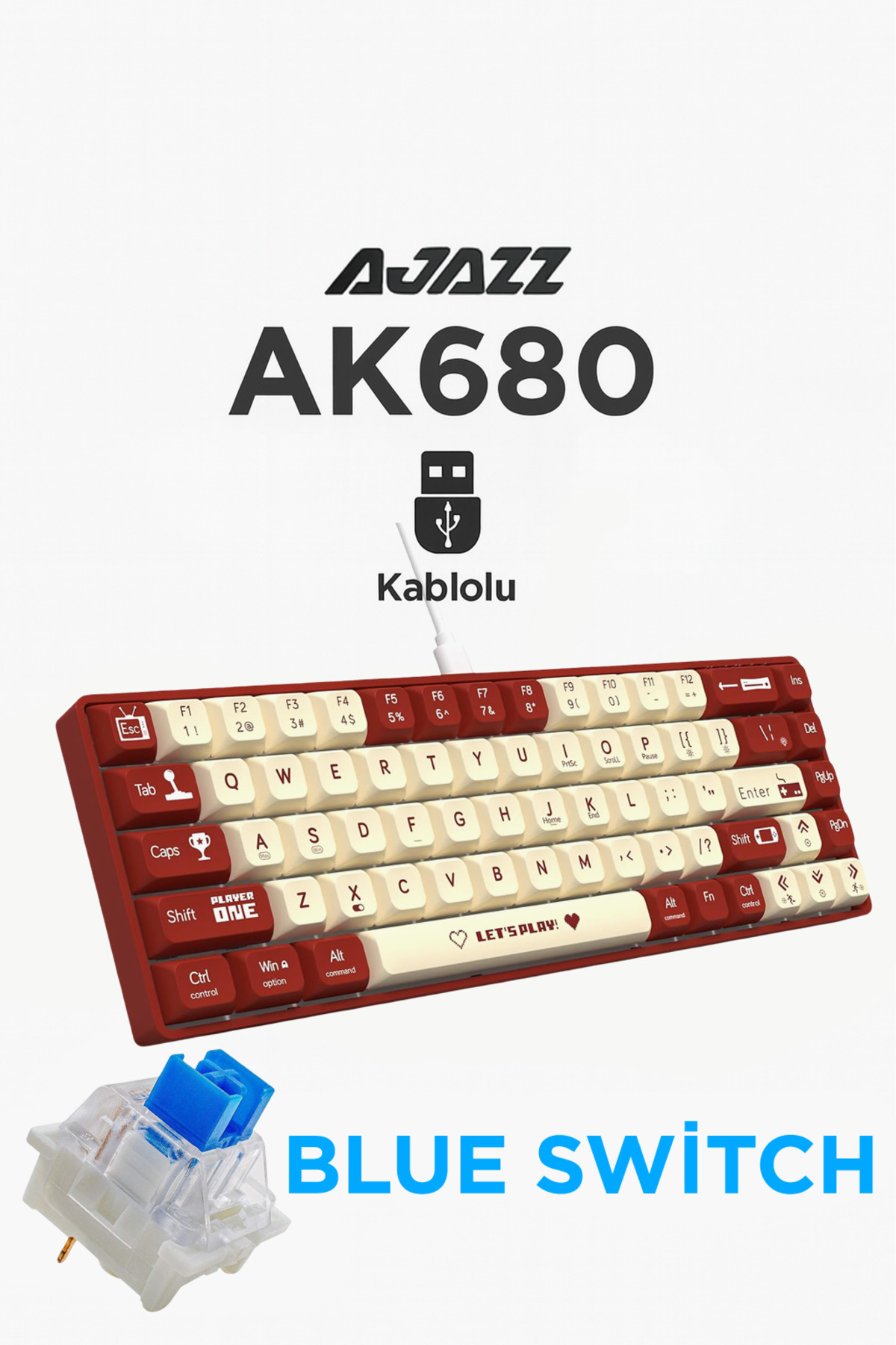 Ajazz Ak680 Kırmızı Switch Hot-swap Kablolu Mekanik Oyuncu Gaming Klavye
