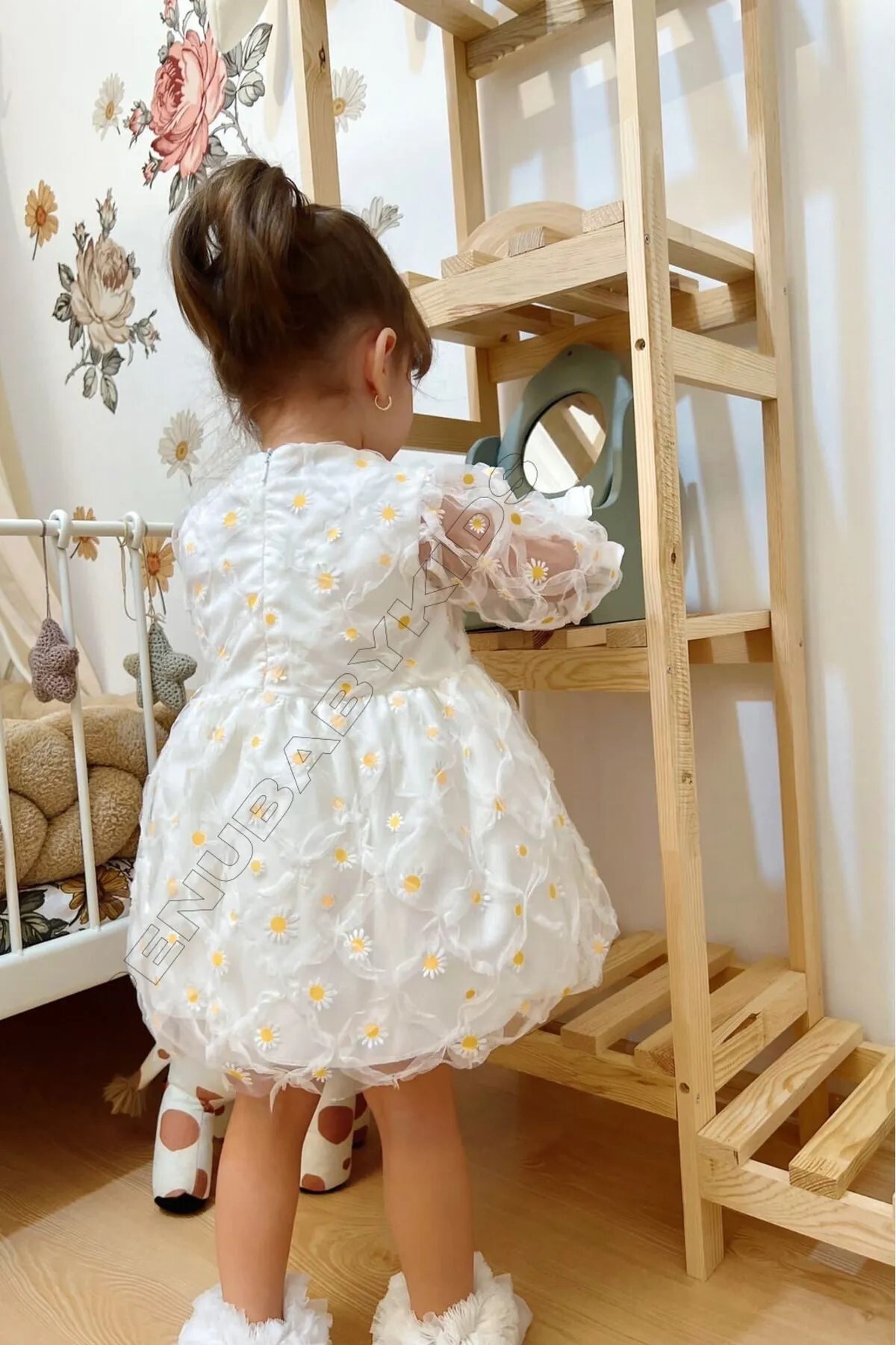 penu baby kids Beyaz Baskı Papatyalı Uzun Tül Kollu Kız Çocuk Kız Bebek Elbise fotoğrafı 5 (önizleme)