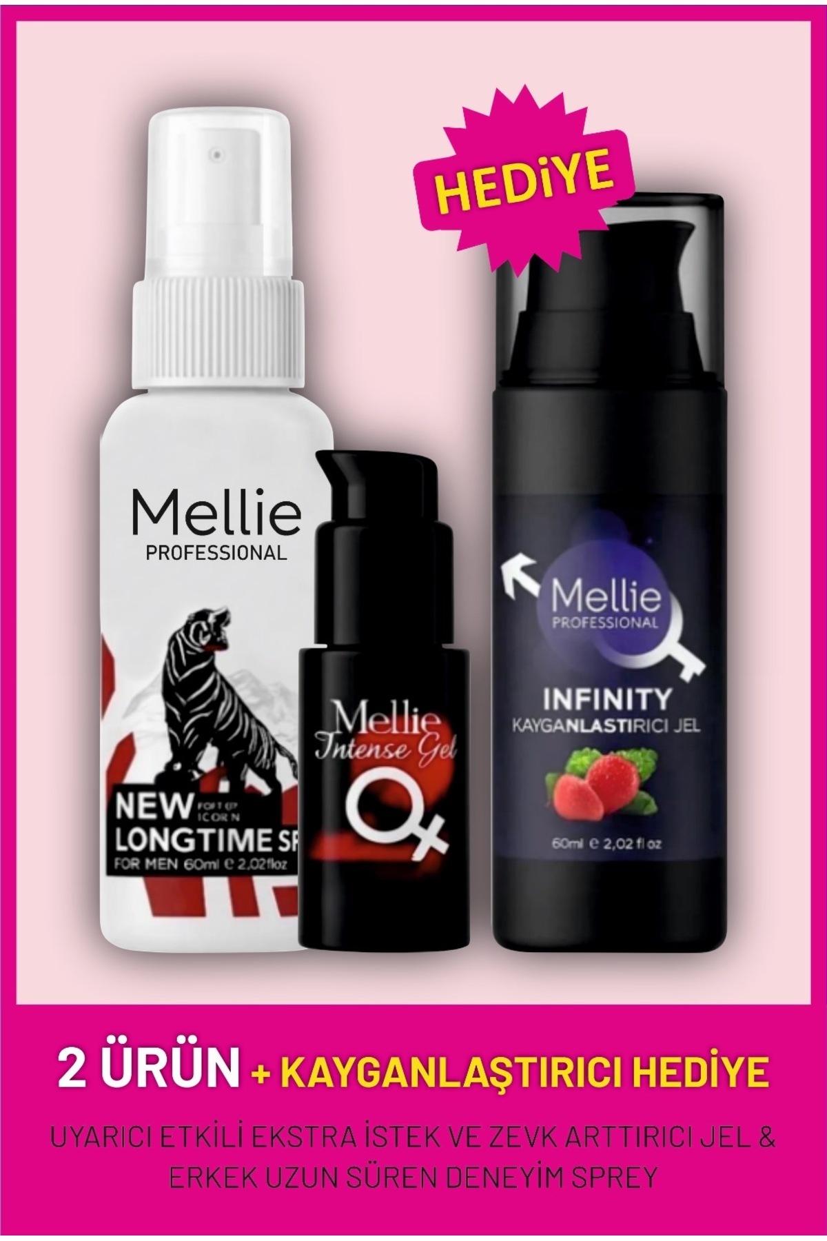 Mellie Professional Üçlü Set Kadın İstek Zevk Arttırıcı Kayganlaştırıcı, Erkek Uzun Deneyim Sprey ve Uyarıcı Jel