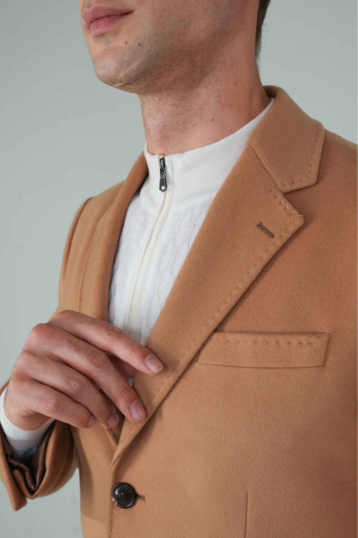 Camel Polyester Yün Kaşmir Palto — رنگارنگ PPL22K22211_D70 — تصویر 3 از 5