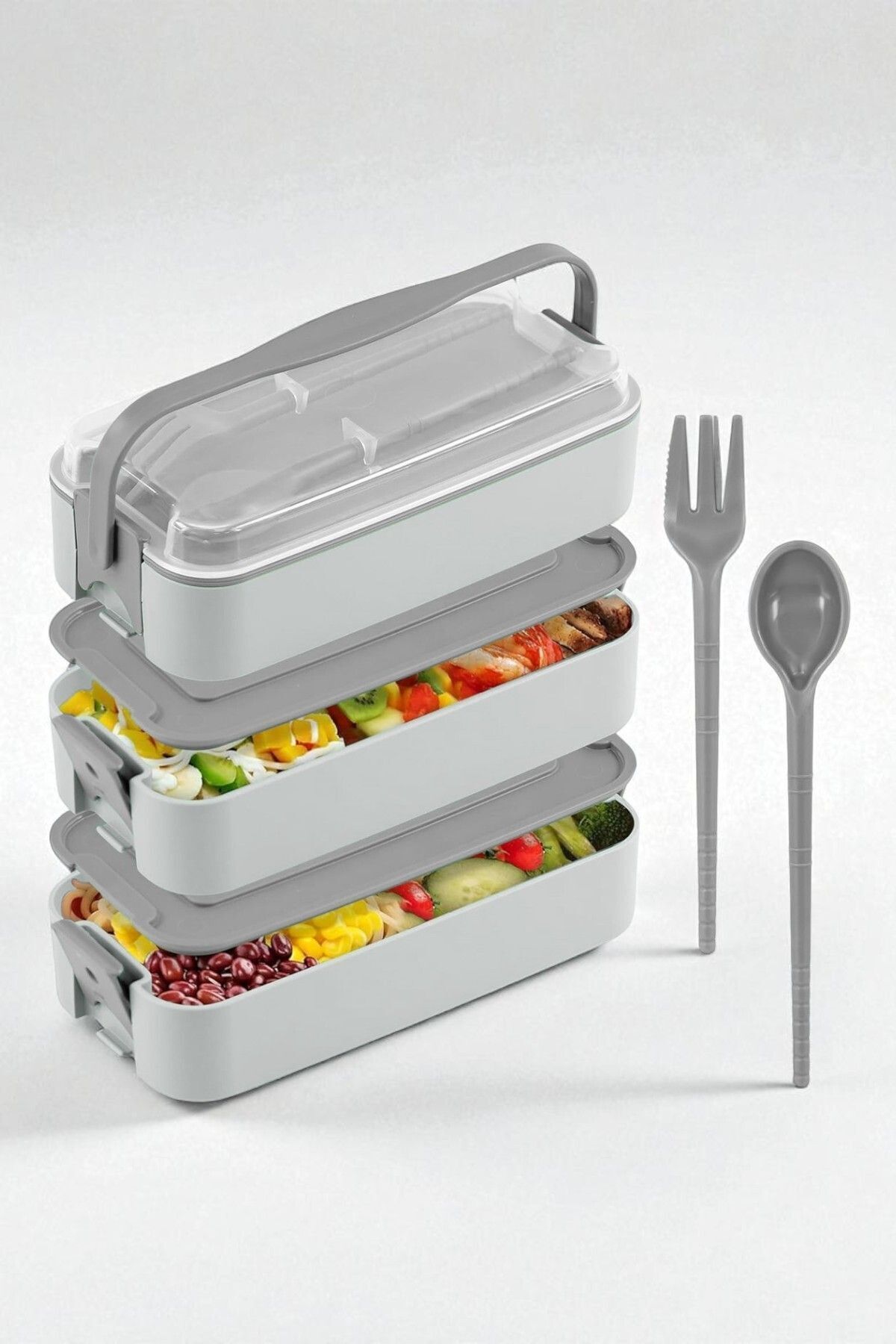 Genel Markalar 1260 ml 3 Katlı Kapaklı Çatal Bıçaklı Beslenme Kutusu Lunch Box Beslenme Kabı - Gri