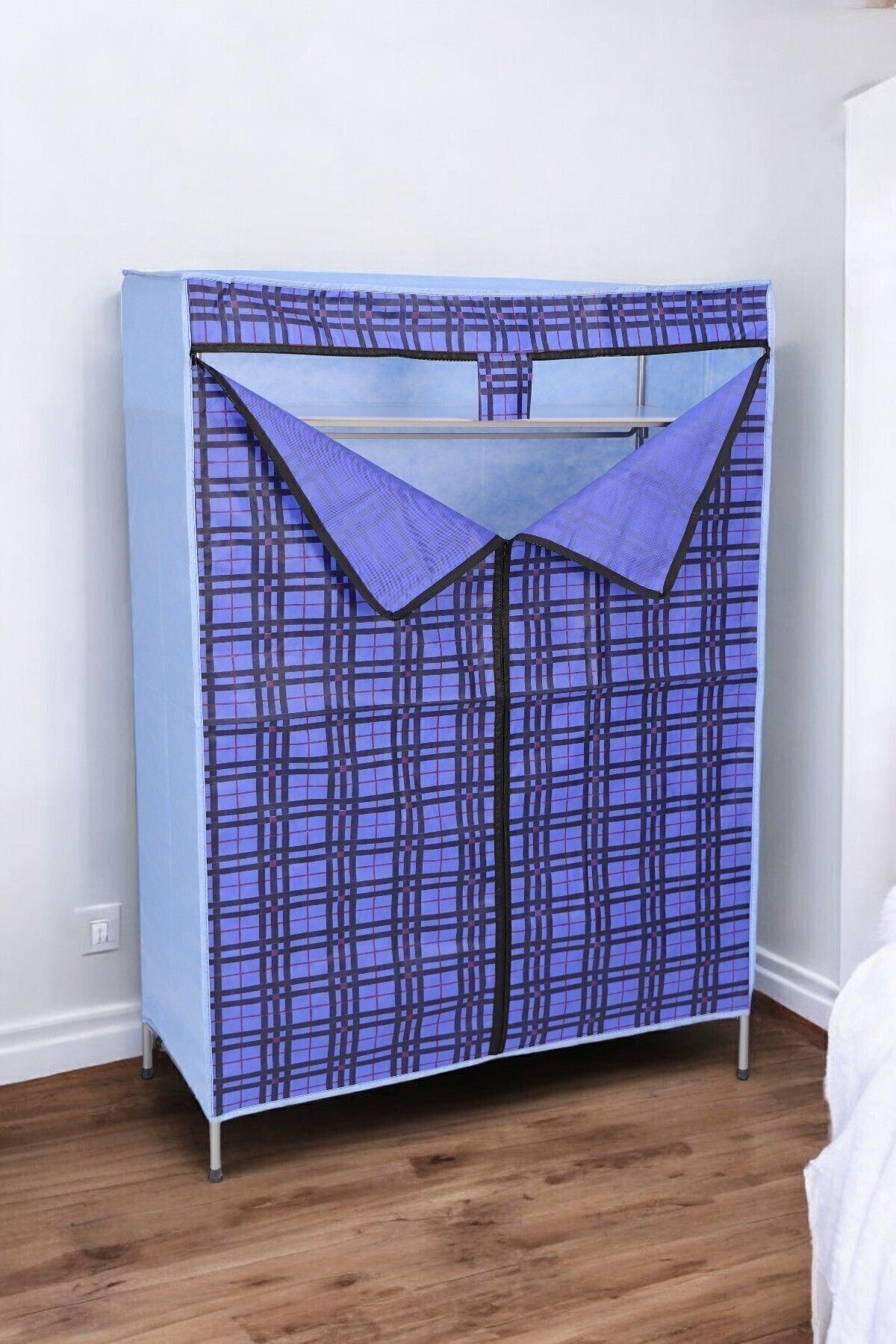 İronika Kalın Metal Borulu İskeletli Bez Gardrop Portatif Demonte Elbise Dolabı Bez Dolap Mavi