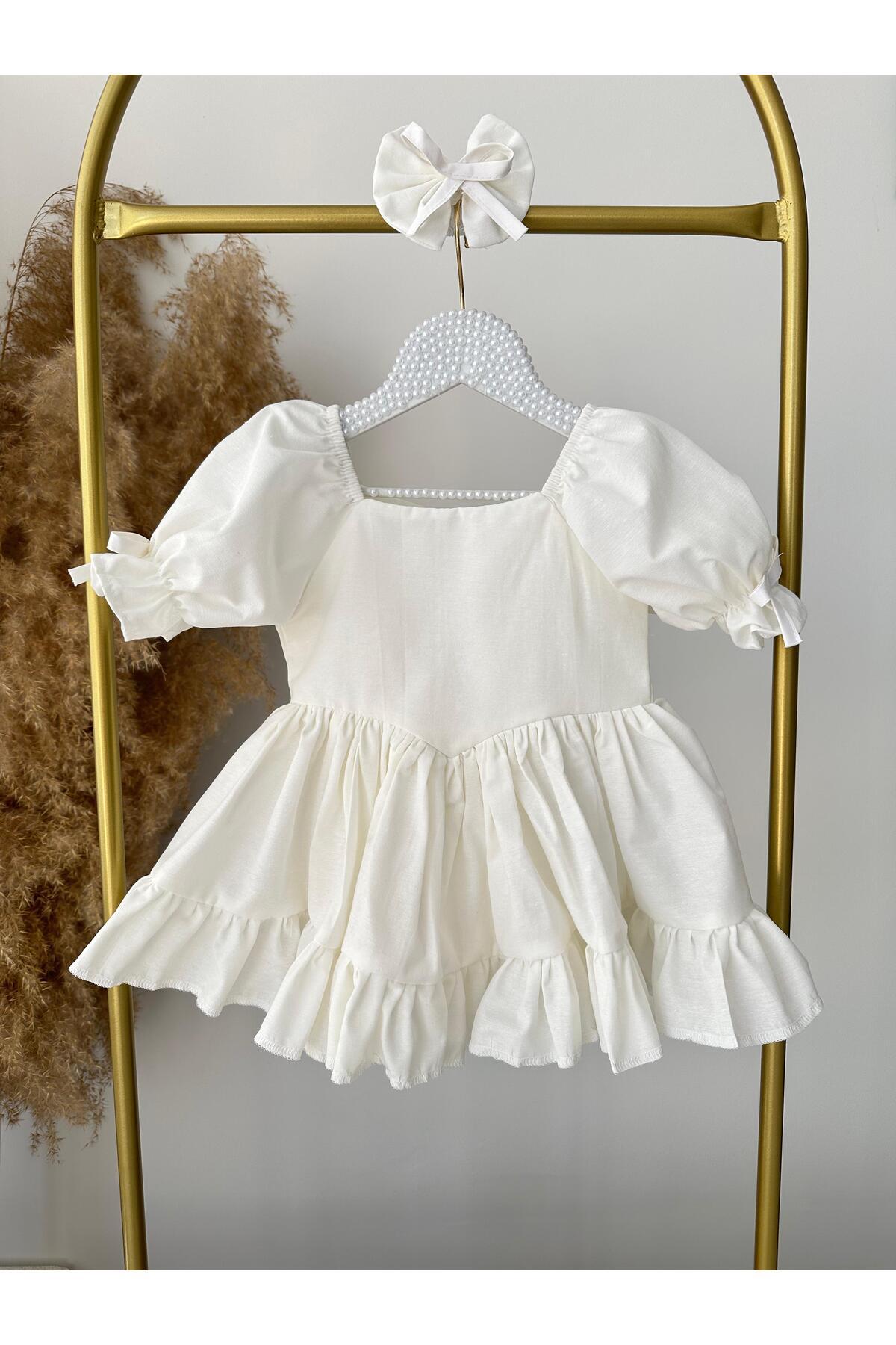 Hobidik Kız Bebek ve Çocuk Kırık Beyaz Elbise | Fırfırlı Pamuklu Sırtı Fiyonklu fotoğrafı 4 (önizleme)