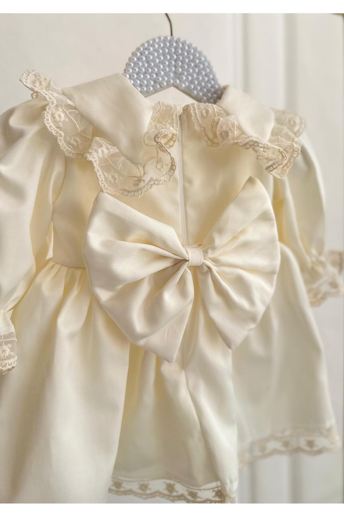 Hobidik Kız Bebek Krem Güpür Dantel Saten Elbise Set fotoğrafı 3 (önizleme)