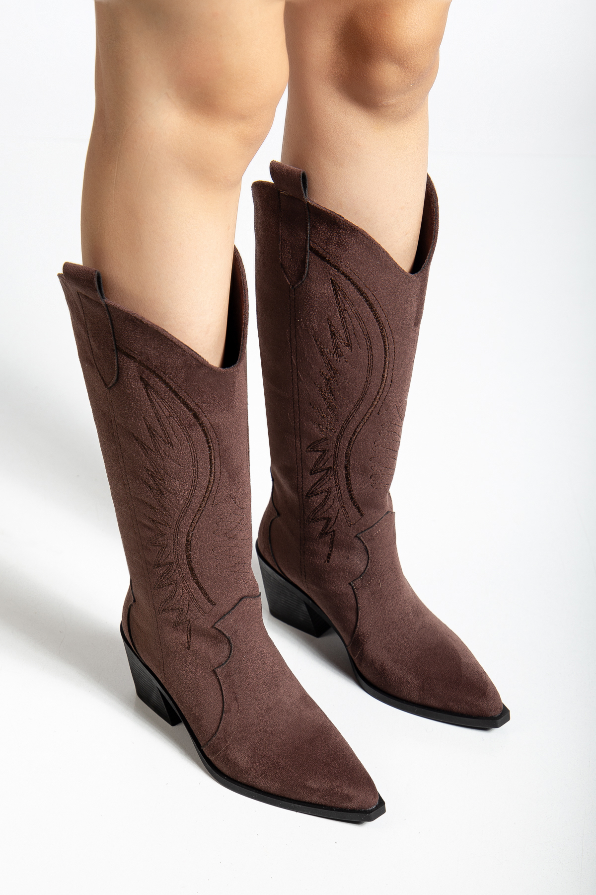 DENORA  Kahve Mat Süet Western Kovboy Nakışlı Çizme - Görsel 6