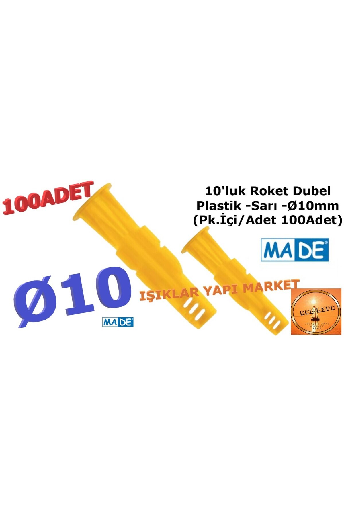ece life Dübel -10'luk Roket Dubel -Plastik -Sarı -Ø10mm (Pk.İçi/Adet 100Adet) ma-de