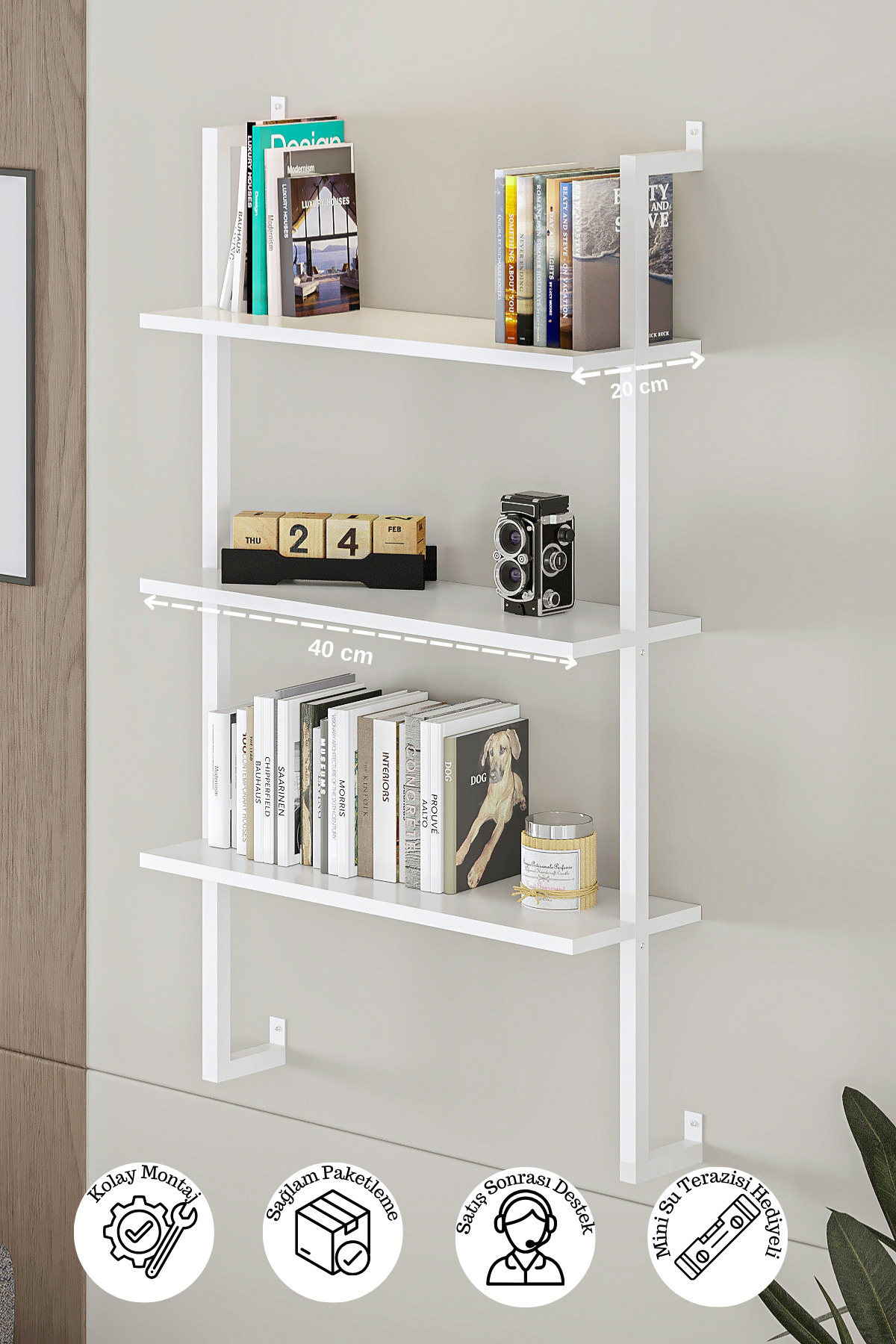 Euromob 3 Raflı Beyaz Rengi Kitaplık / Duvar Rafı / Beyaz Metal / 40x20 Ebatlarında