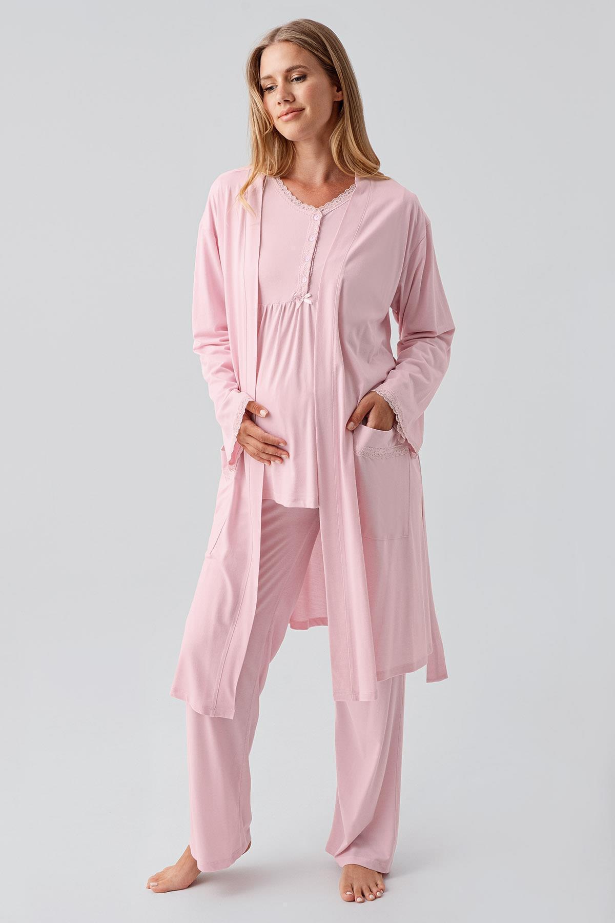 Artış Uzun Kollu Düğmeli Esnek Viskoz Hamile Sabahlık Pijama Takım