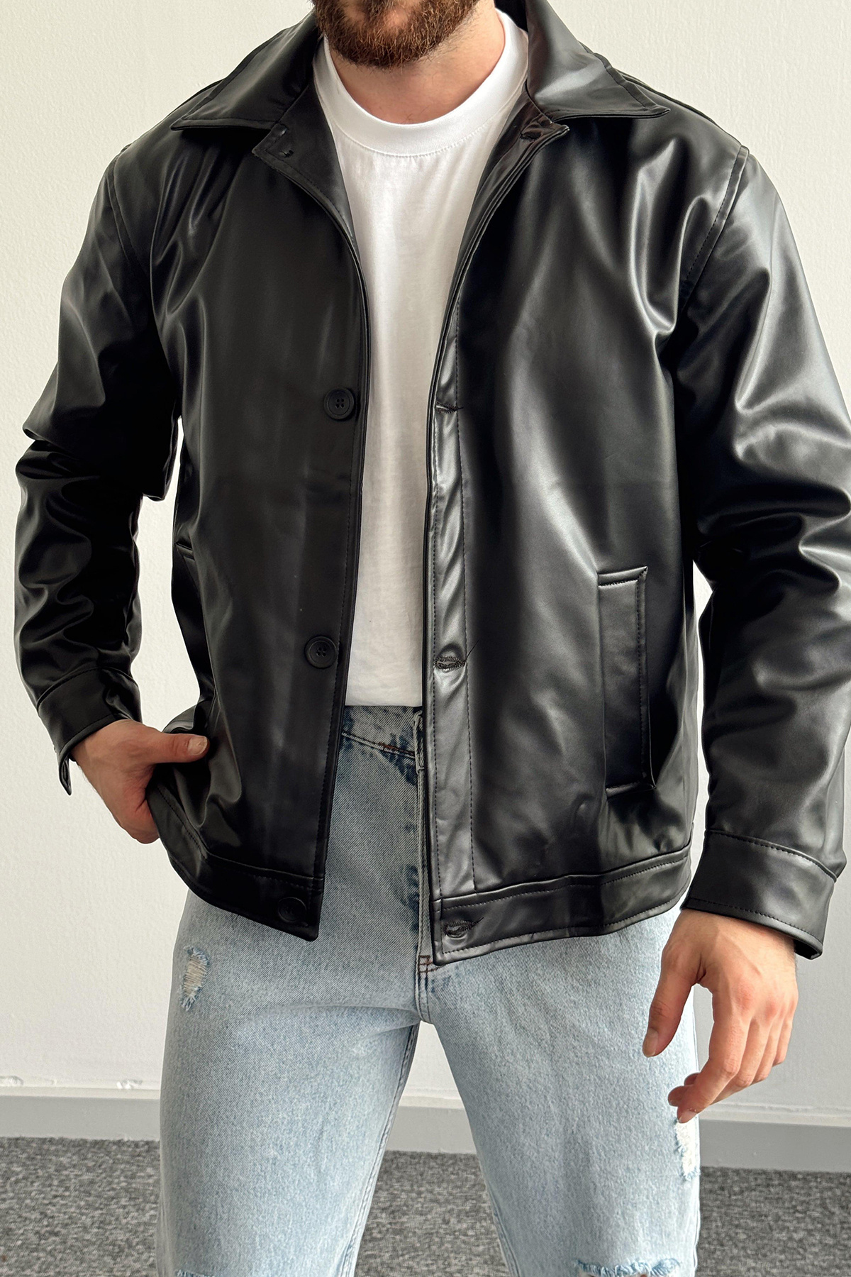 Moderk Oversize Düğmeli Erkek Deri Ceket