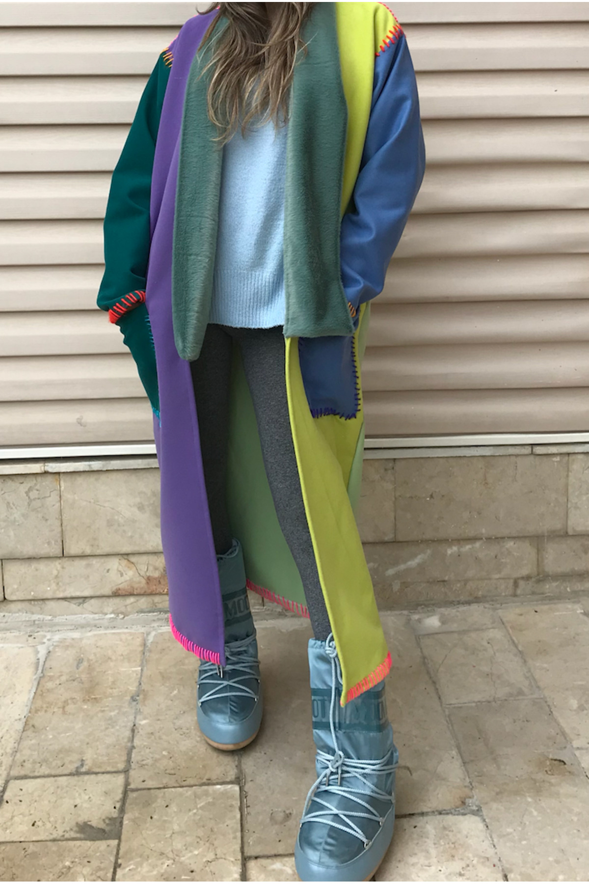 Hello Stranger  Rrenkli Işlemeli Pardösü Patchwork Mor Yeşil Mavi Ceket Palto Yamalı Kaban Mont - Görsel 8