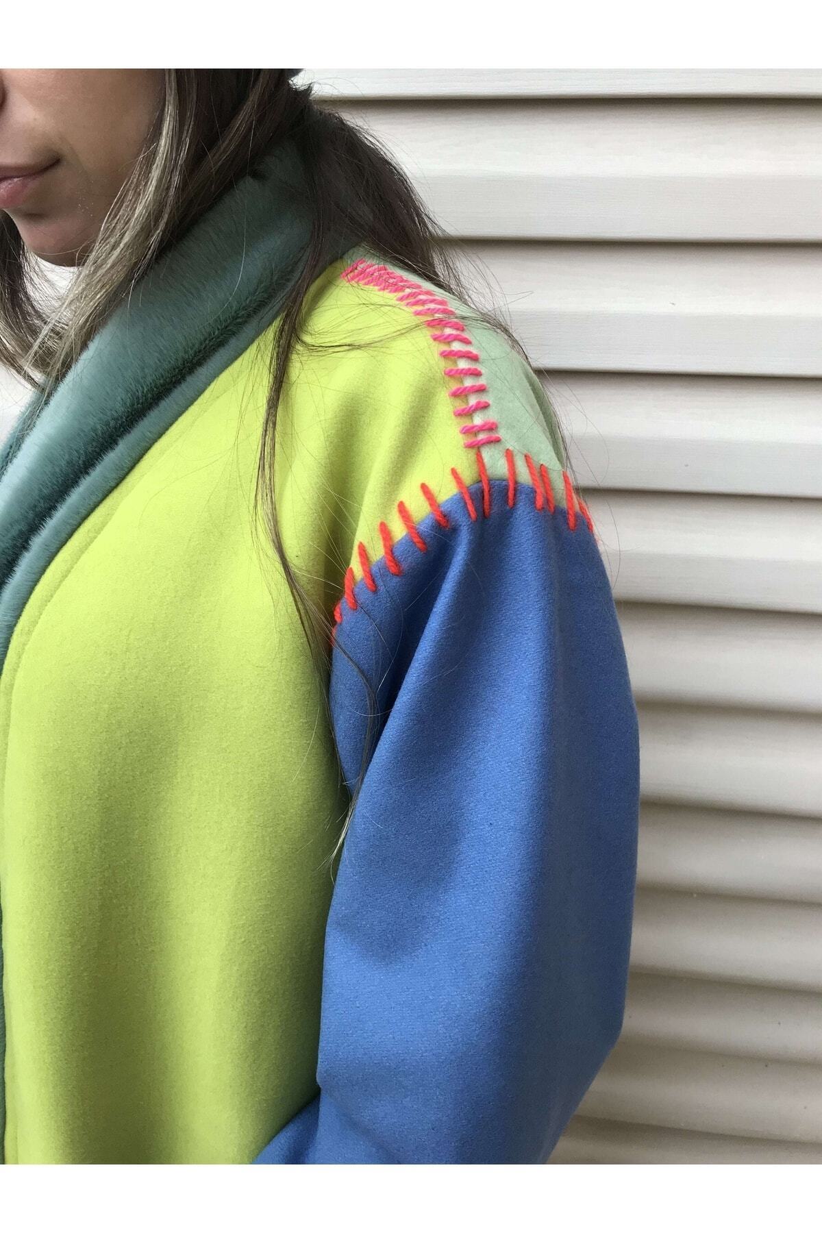 Hello Stranger  Rrenkli Işlemeli Pardösü Patchwork Mor Yeşil Mavi Ceket Palto Yamalı Kaban Mont - Görsel 4