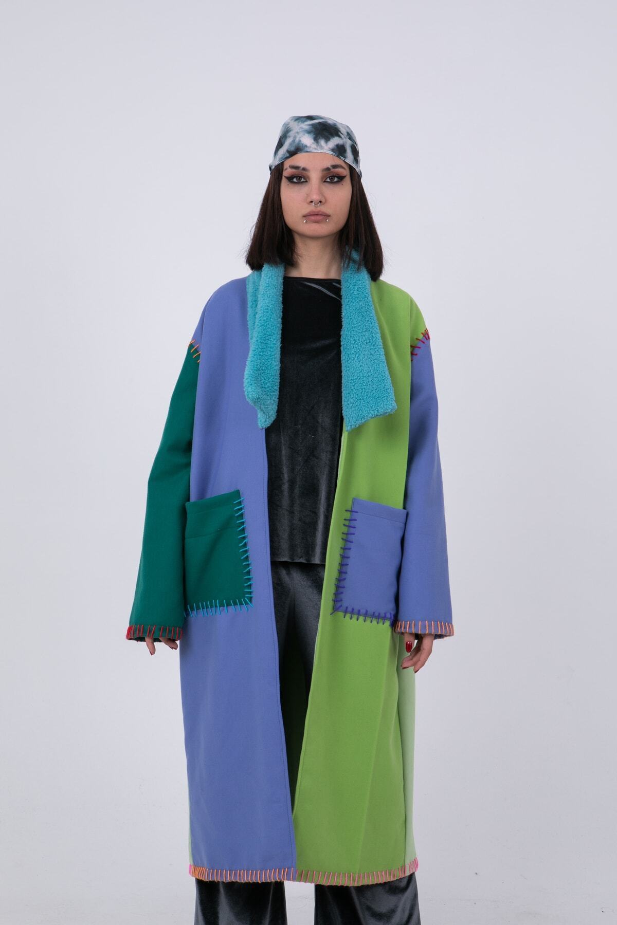 Hello Stranger  Rrenkli Işlemeli Pardösü Patchwork Mor Yeşil Mavi Ceket Palto Yamalı Kaban Mont - Görsel 3